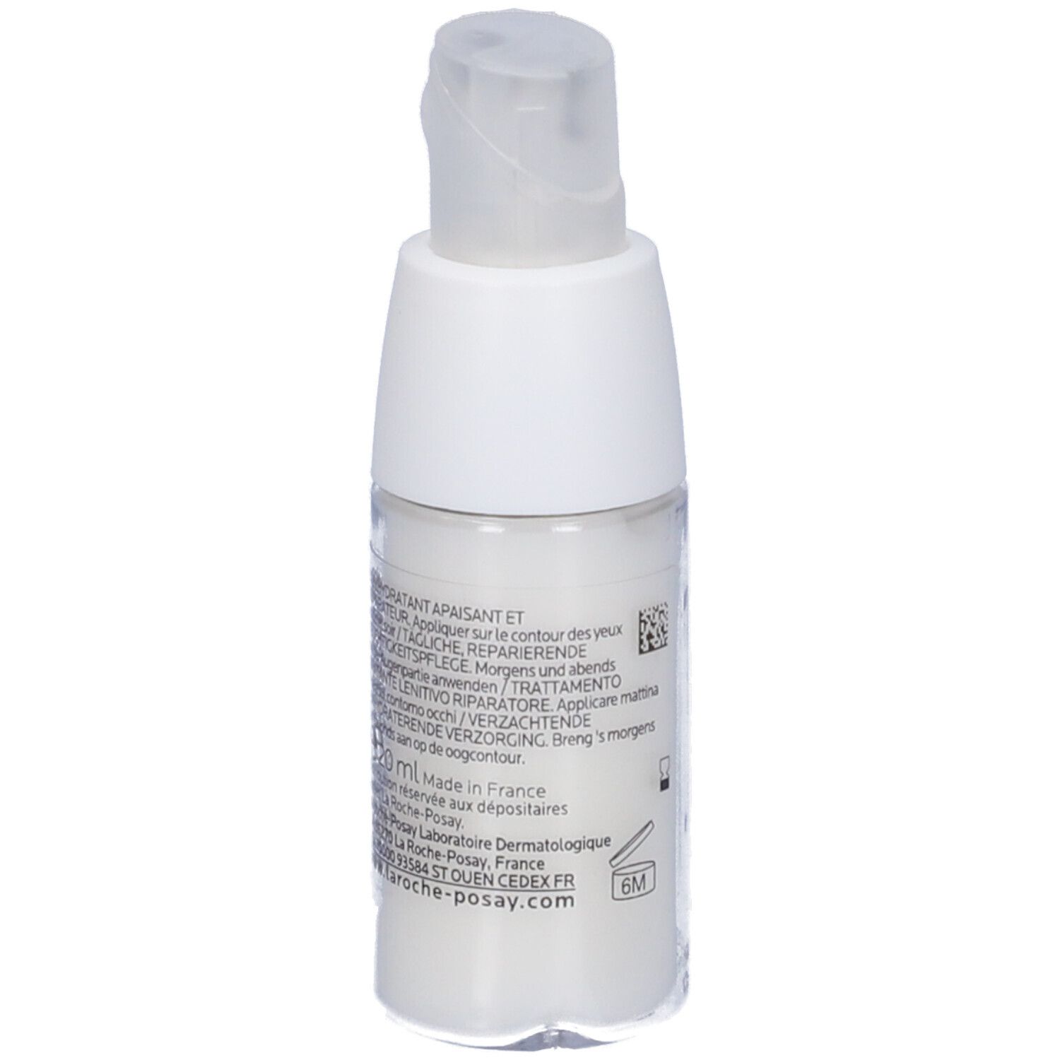 Flacone bianco con etichetta blu. Scritta: La Roche-Posay Toleriane Dermallergo Occhi. Crema occhi.