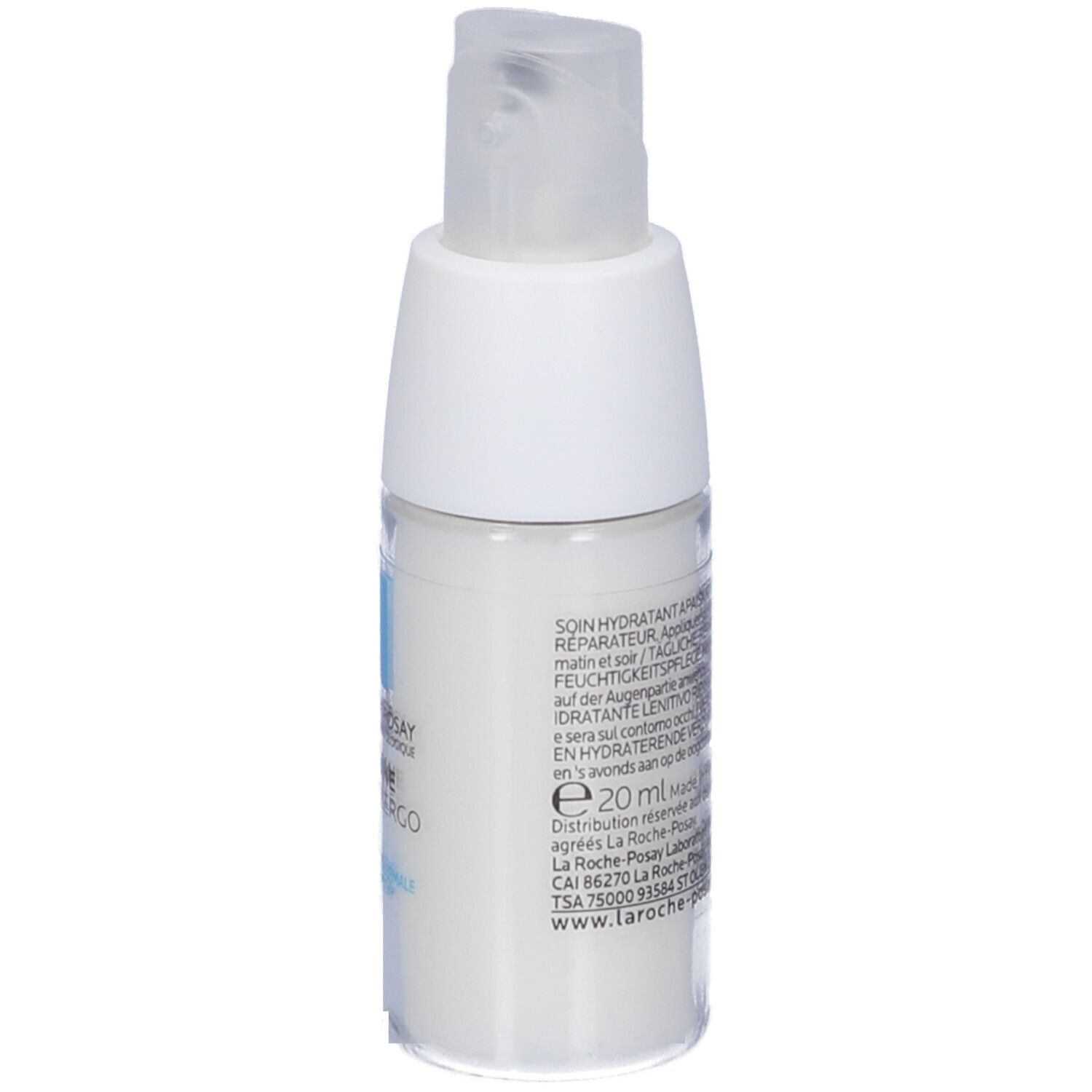 Flacone bianco con etichetta blu. Scritta: La Roche-Posay Toleriane Dermallergo Occhi. Crema occhi.