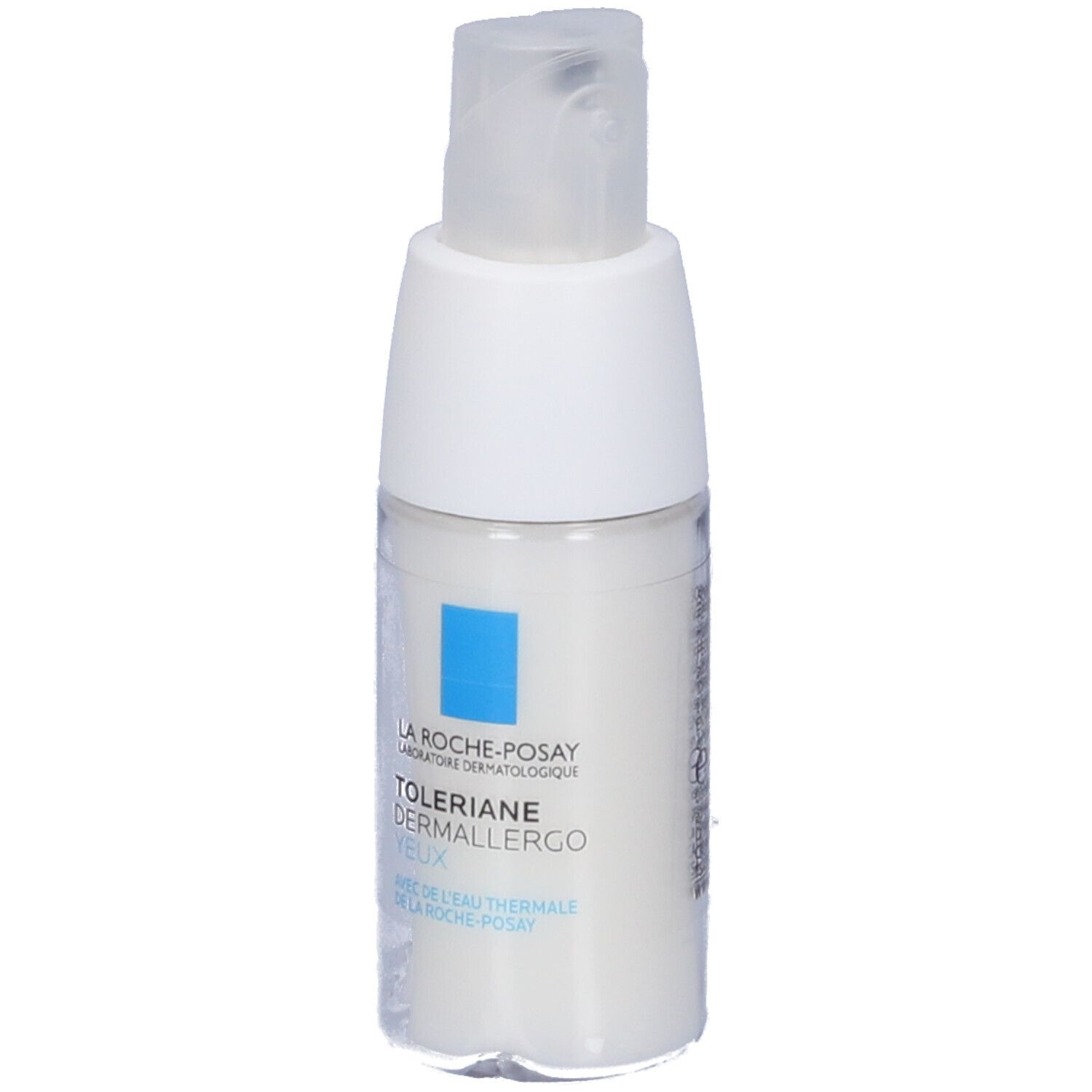 Flacone bianco con etichetta blu. Scritta: La Roche-Posay Toleriane Dermallergo Occhi. Crema occhi.