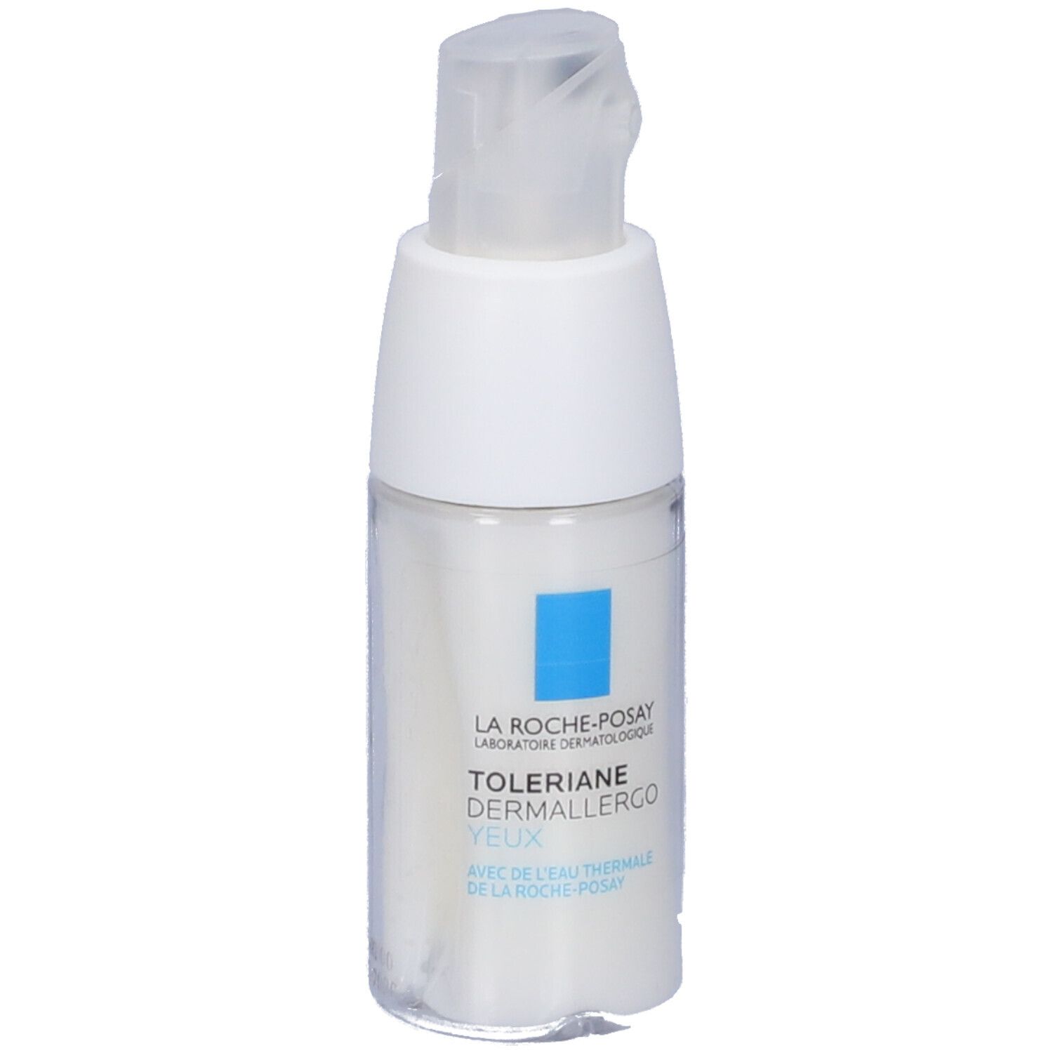 Flacone bianco con etichetta blu. Scritta: La Roche-Posay Toleriane Dermallergo Occhi. Crema occhi.