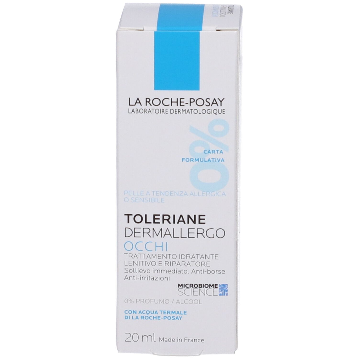 Confezione prodotto. La Roche-Posay Toleriane Dermallergo Occhi. Crema occhi. 20 ml. 0% profumo/alcol.