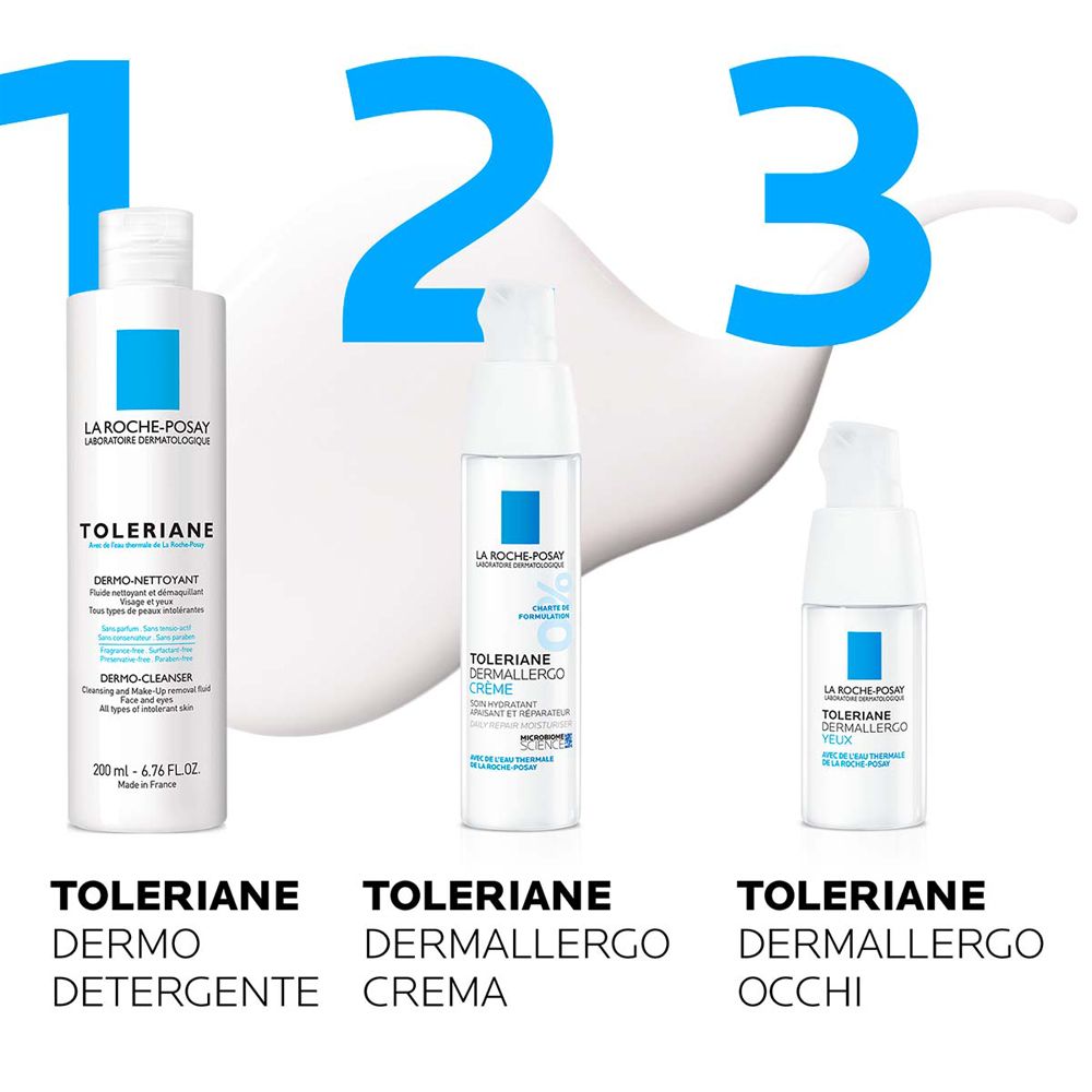 Tre prodotti affiancati. Toleriane Dermo Detergente, Crema e Occhi. Confezione blu e bianca.