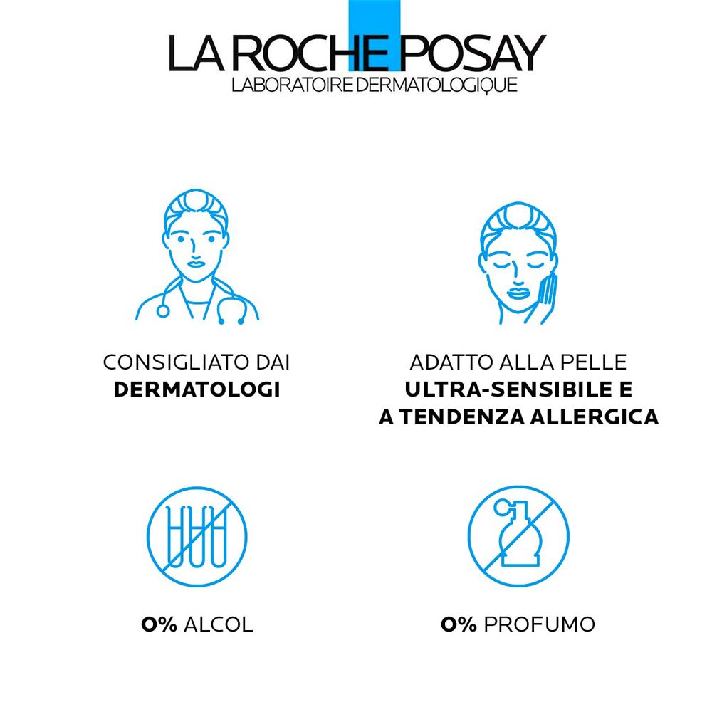 Grafica con testo. Consigliato dai dermatologi. Adatto alla pelle ultra-sensibile e a tendenza allergica. 0% alcol, 0% profumo.