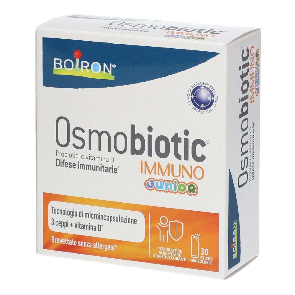 Scatola di BOIRON® Osmobiotic® Immuno Junior. Contiene 30 stick. Scritto: Probiotici e vitamina D, difese immunitarie.