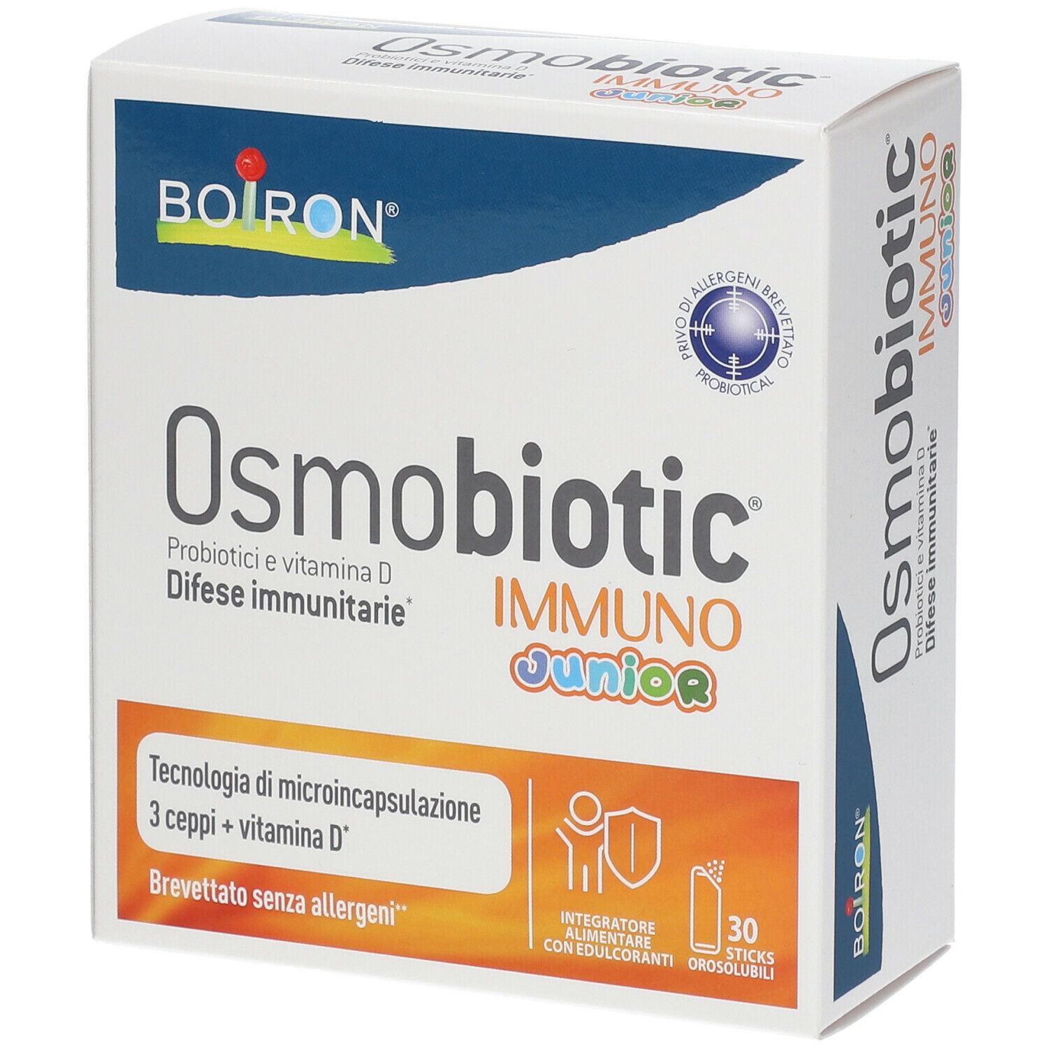 Scatola di BOIRON® Osmobiotic® Immuno Junior. Contiene 30 stick. Scritto: Probiotici e vitamina D, difese immunitarie.
