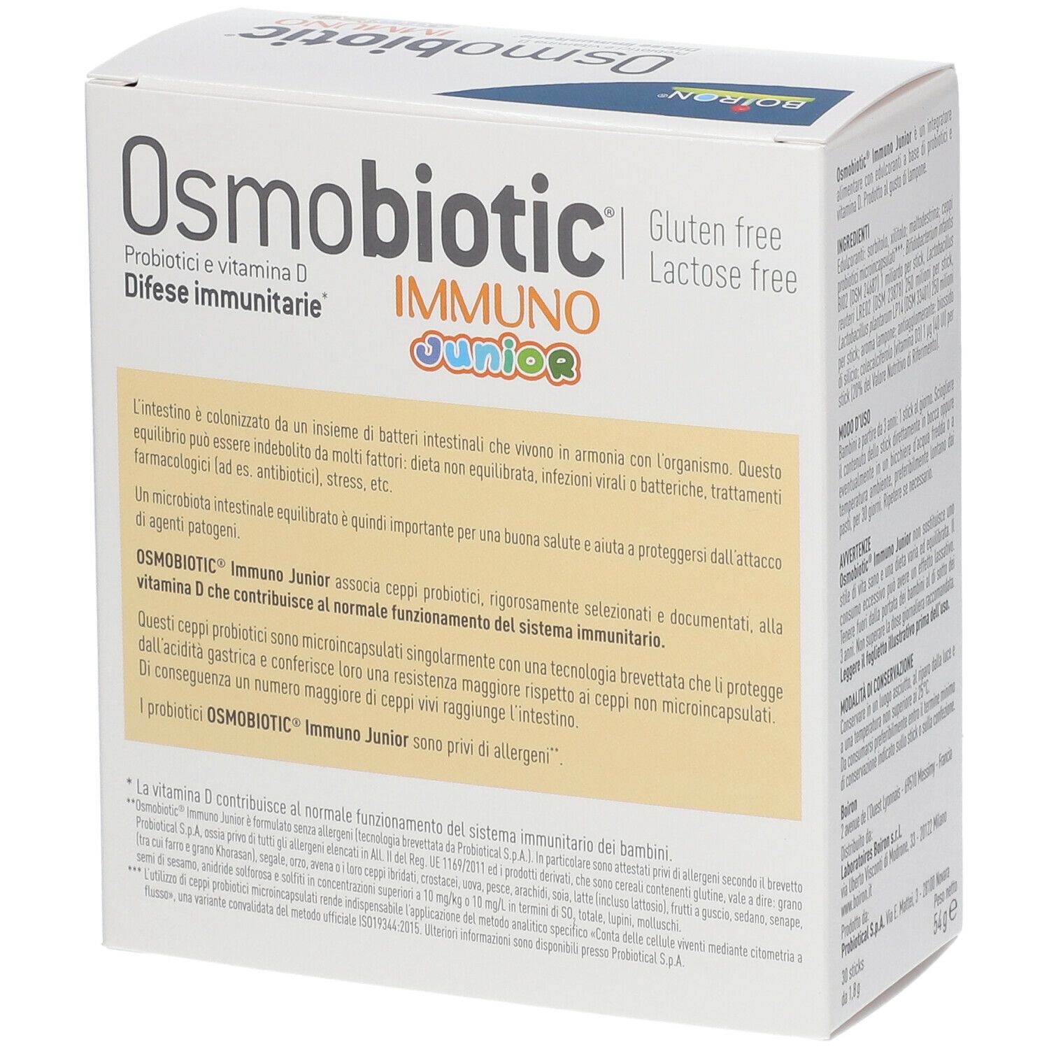 Scatola di BOIRON® Osmobiotic® Immuno Junior. Scritto: Senza glutine, senza lattosio. Testo sugli ingredienti e l'uso.