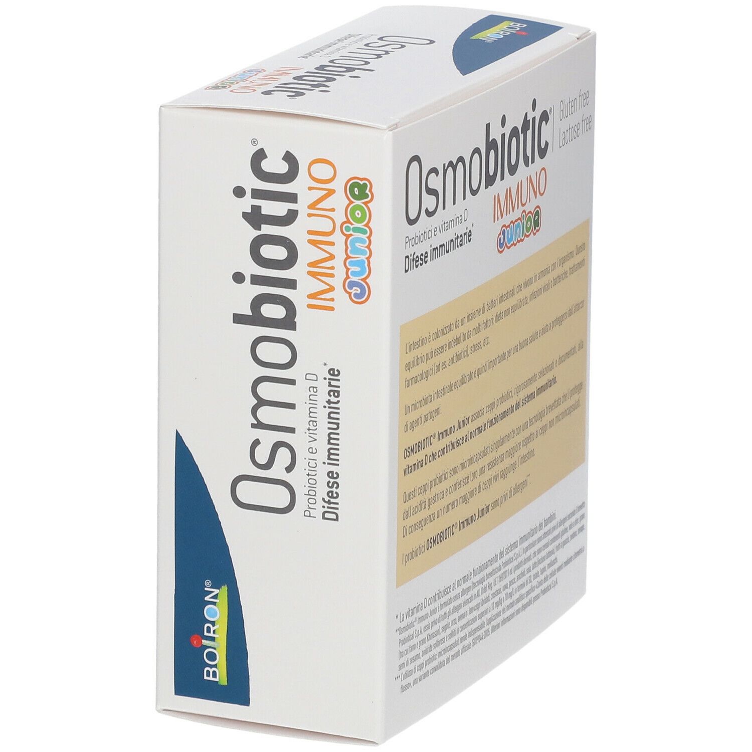 Scatola di BOIRON® Osmobiotic® Immuno Junior. Scritto: Probiotici e vitamina D, difese immunitarie. Vista laterale.
