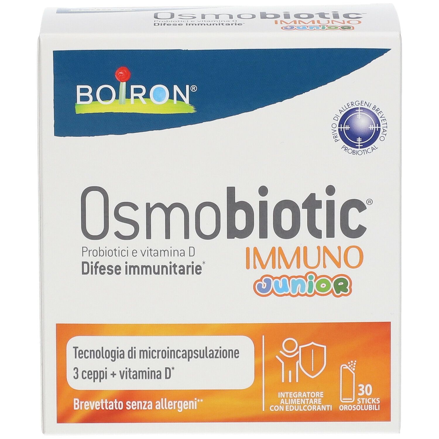 Scatola di BOIRON® Osmobiotic® Immuno Junior. Contiene 30 stick. Scritto: Probiotici e vitamina D, difese immunitarie.