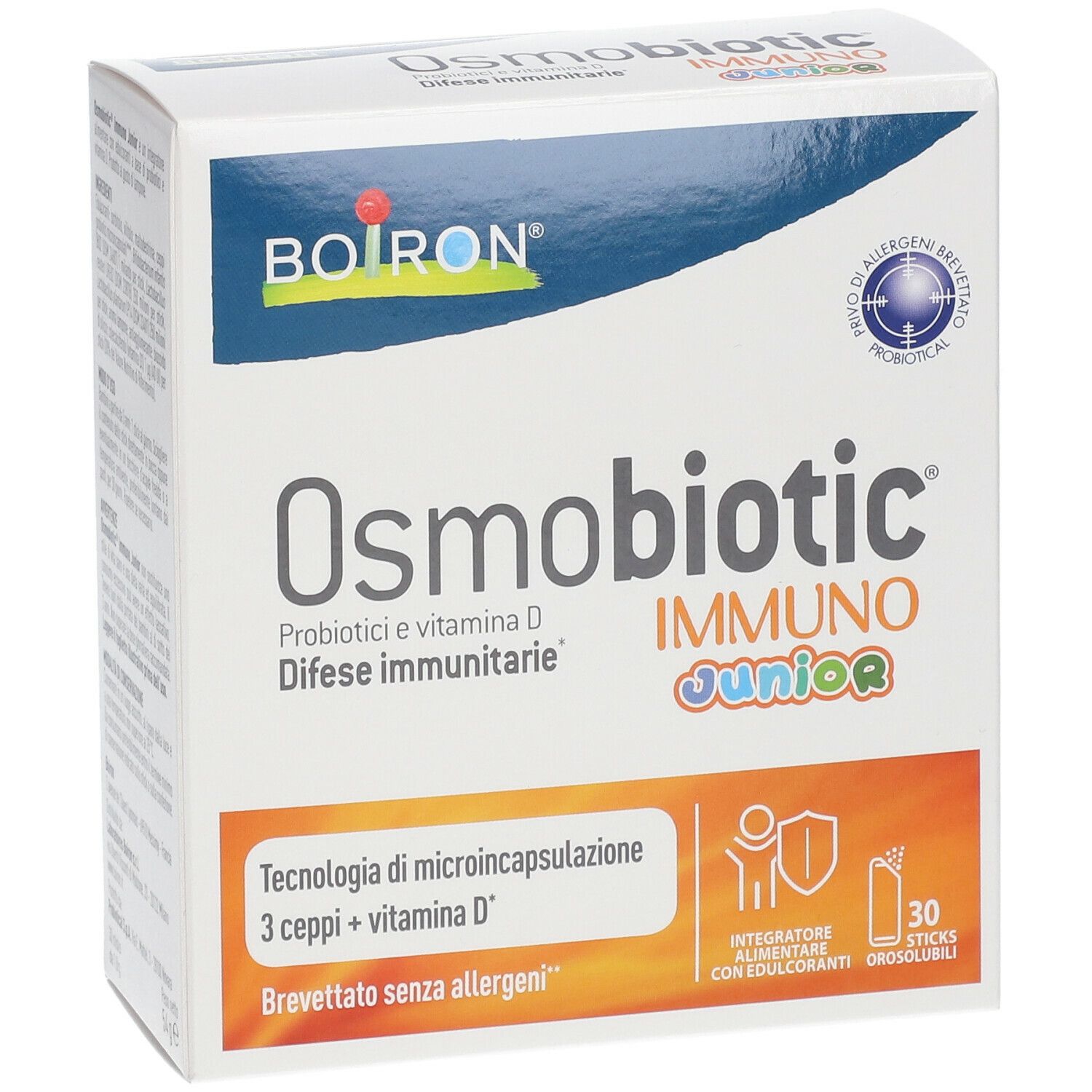Scatola di BOIRON® Osmobiotic® Immuno Junior. Contiene 30 stick. Scritto: Probiotici e vitamina D, difese immunitarie.