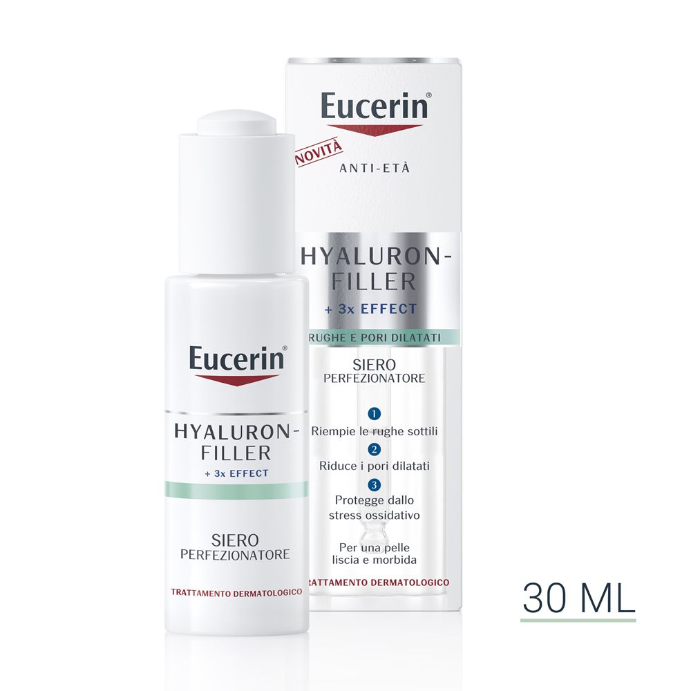 Siero Eucerin Hyaluron-Filler. Flacone bianco con dosatore e confezione. 30 ml.