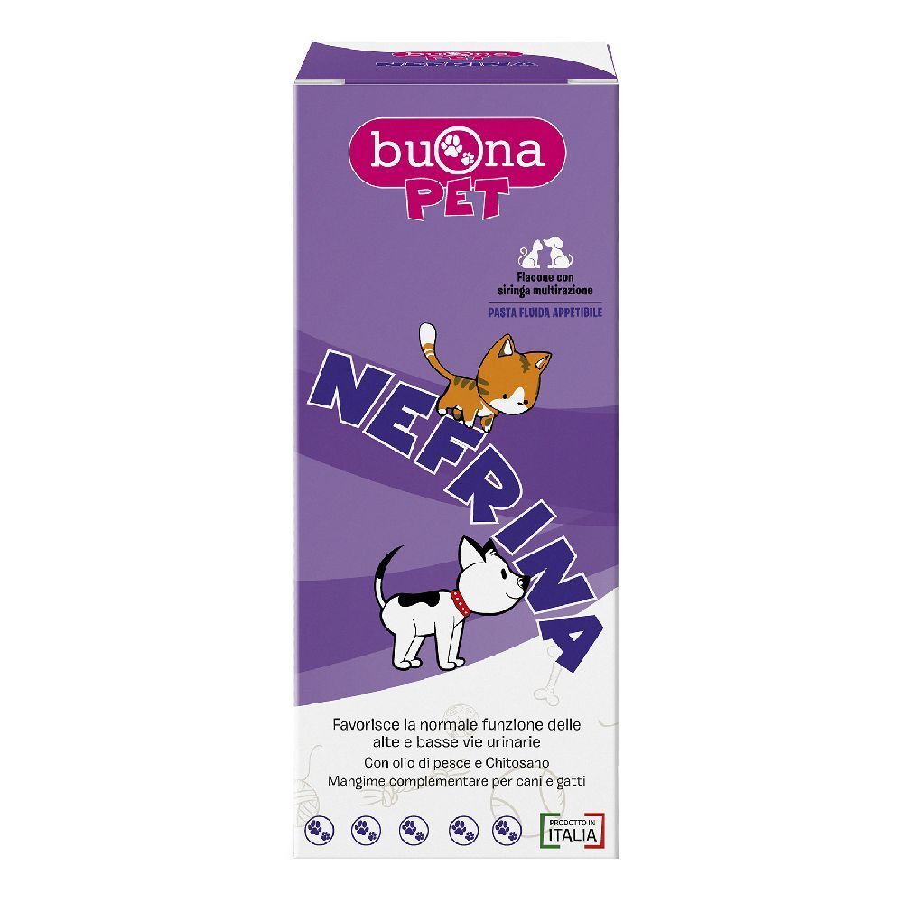 Lila Verpackung mit Produktname und Katzen- und Hunde-Illustrationen. Text: Nefrina.