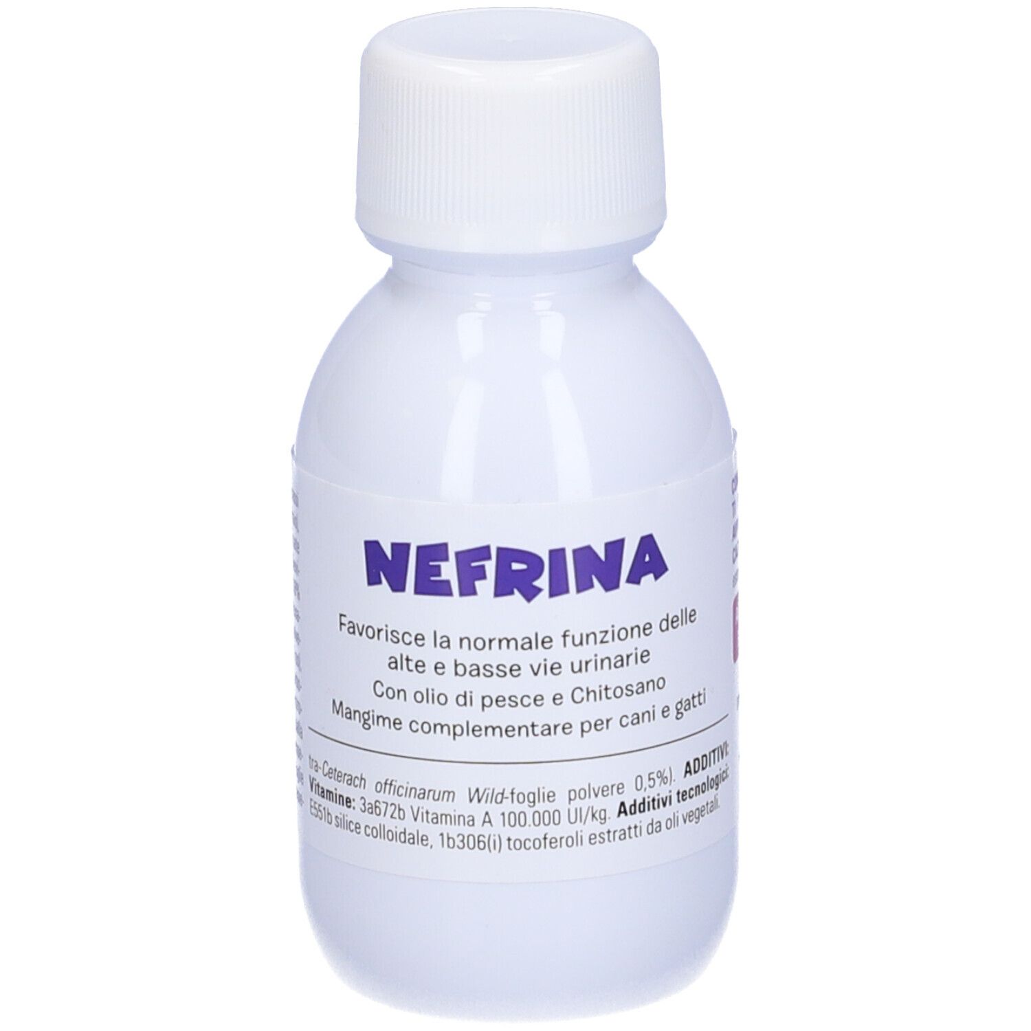 Weiße Flasche mit Schraubverschluss. Etikett mit Produktnamen und Text. Produkt: Nefrina.