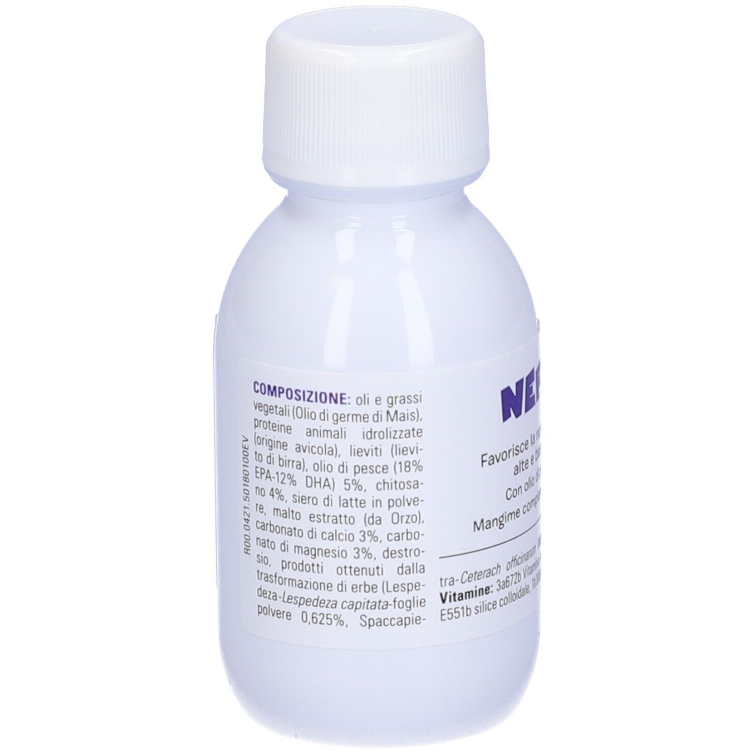 Weiße Flasche mit Schraubverschluss. Etikett mit Produktinformationen und Text. Produkt: Nefrina.
