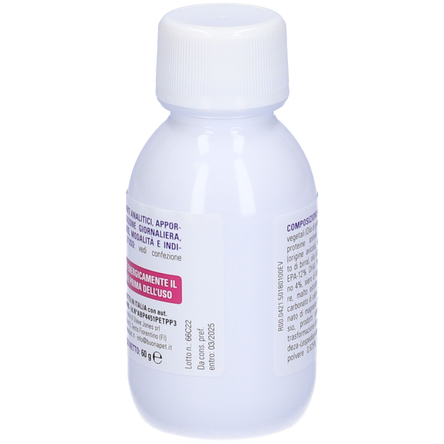 Weiße Flasche mit Schraubverschluss. Etikett mit Produktinformationen und Text. Produkt: Nefrina.