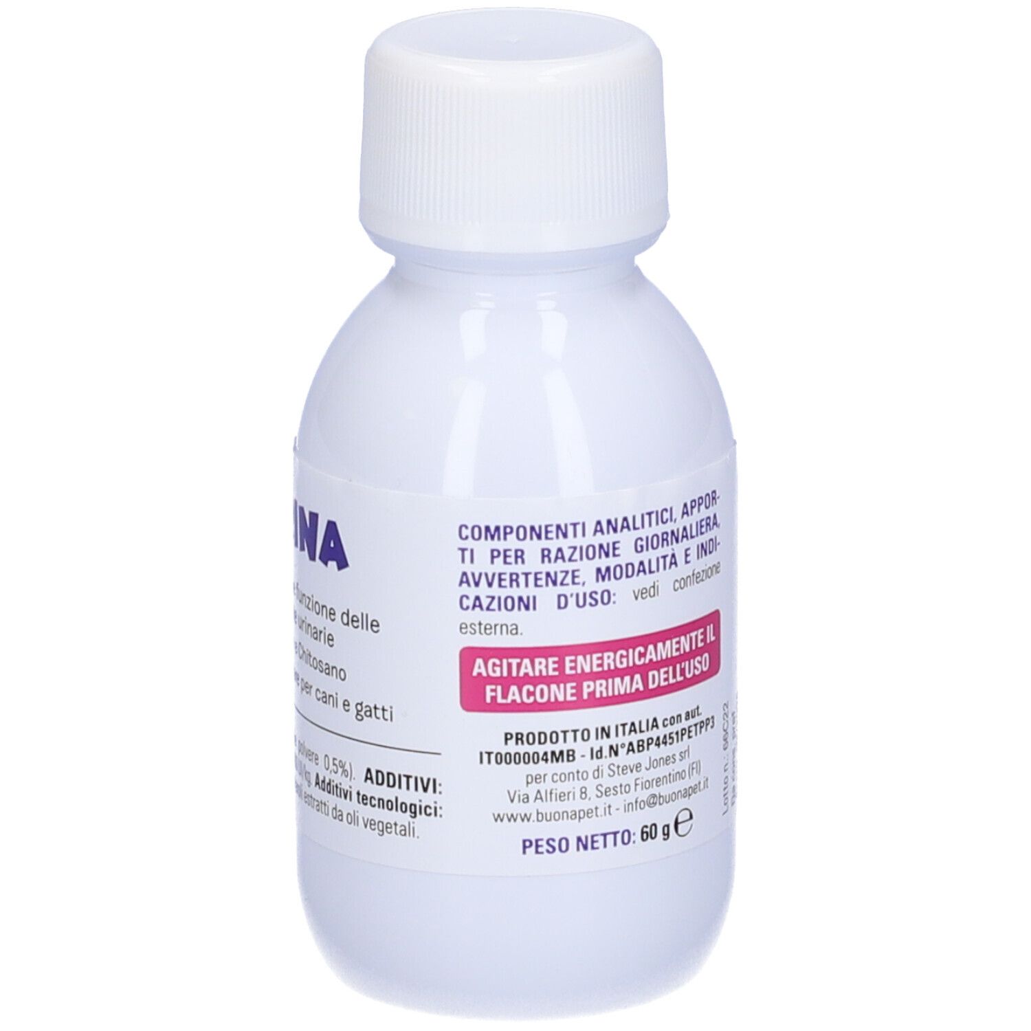 Weiße Flasche mit Schraubverschluss. Etikett mit Produktinformationen und Text. Produkt: Nefrina.