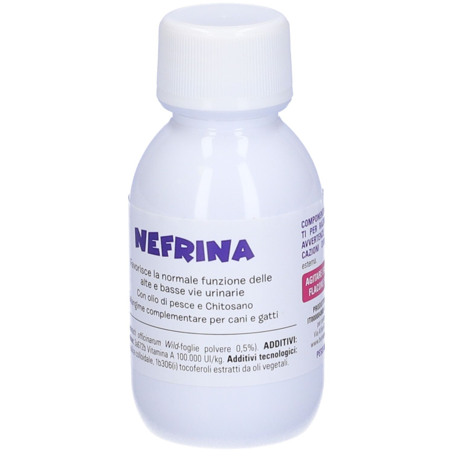 Weiße Flasche mit Schraubverschluss. Etikett mit Produktinformationen und Text. Produkt: Nefrina.