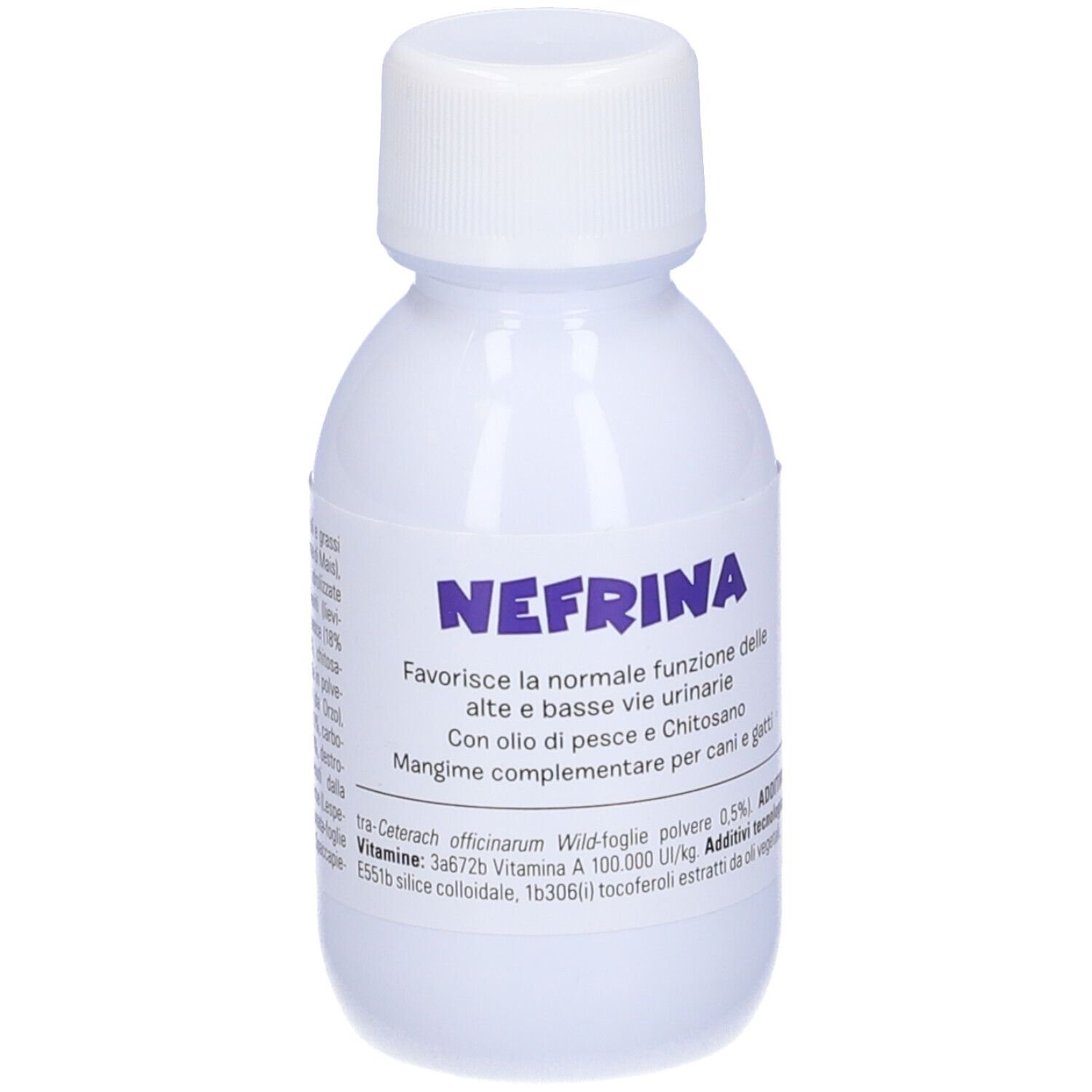 Weiße Flasche mit Schraubverschluss. Etikett mit Produktinformationen und Text. Produkt: Nefrina.