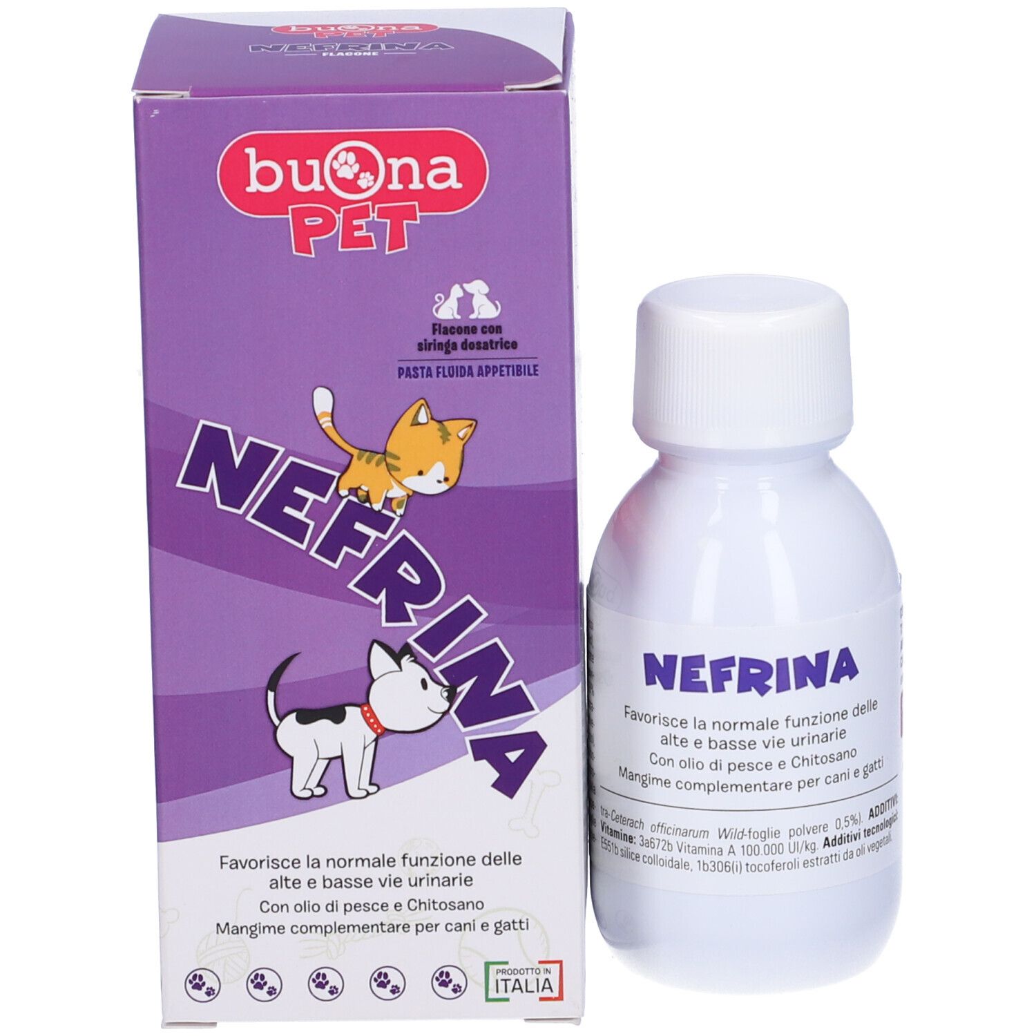Flasche und Verpackung. Weiße Flasche mit Etikett. Lila Verpackung mit Produktname und Illustrationen.
