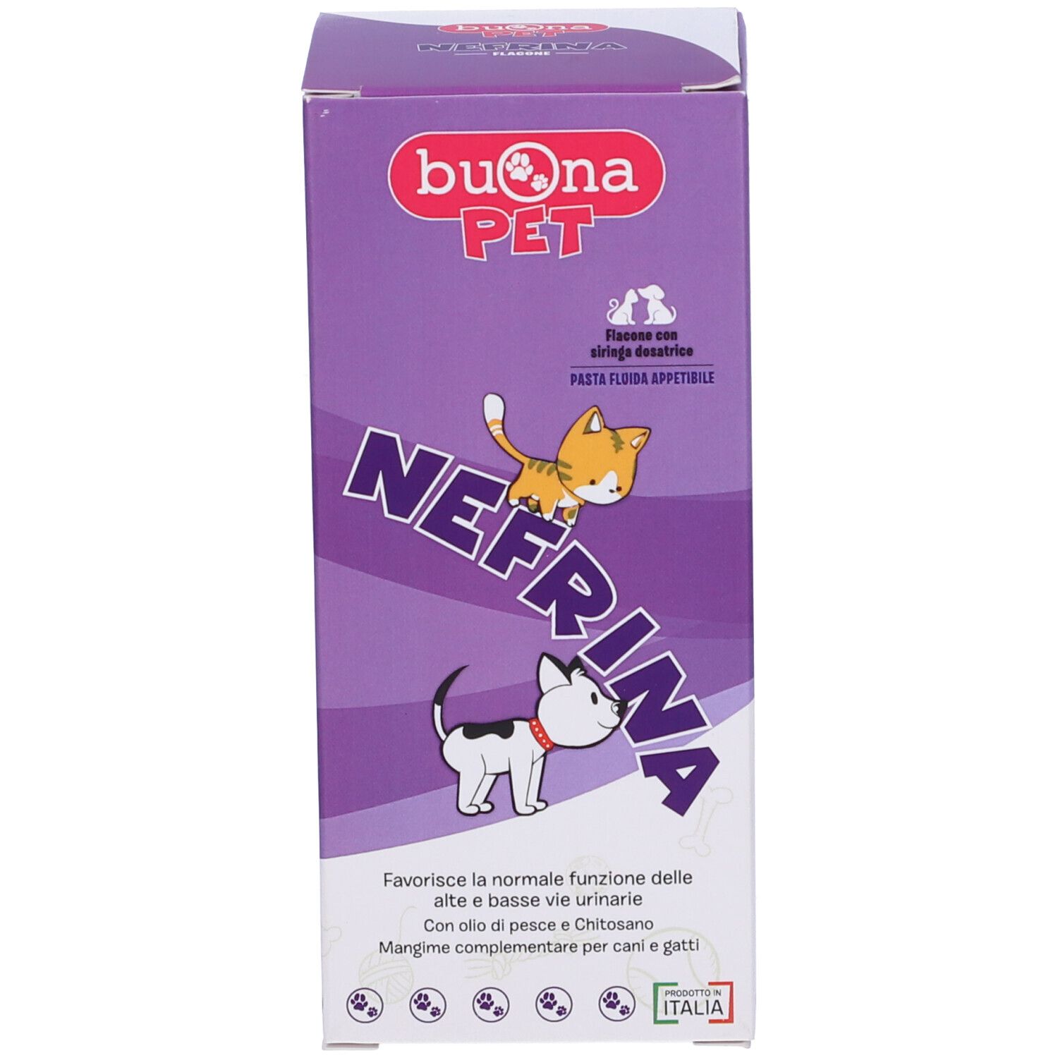 Lila Verpackung mit Produktname und Katzen- und Hunde-Illustrationen. Text: Nefrina.