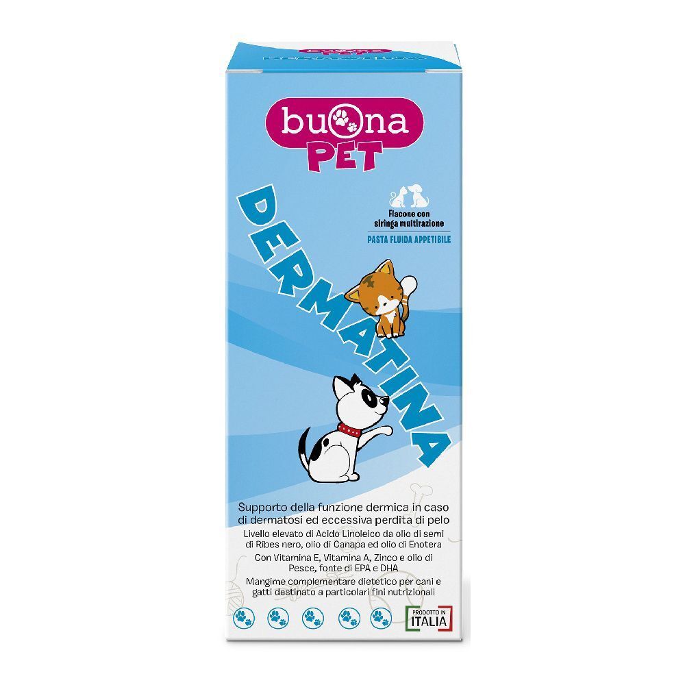 Confezione blu e bianca con nome prodotto Dermatina e logo. Immagine di cane e gatto.