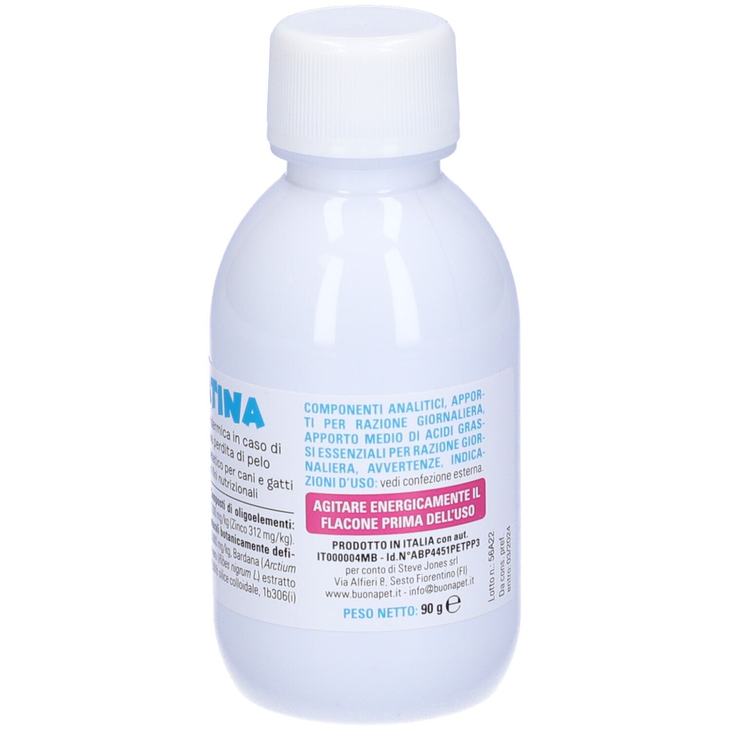 Bottiglia bianca con tappo bianco. Adesivo con nome prodotto Dermatina e testo.