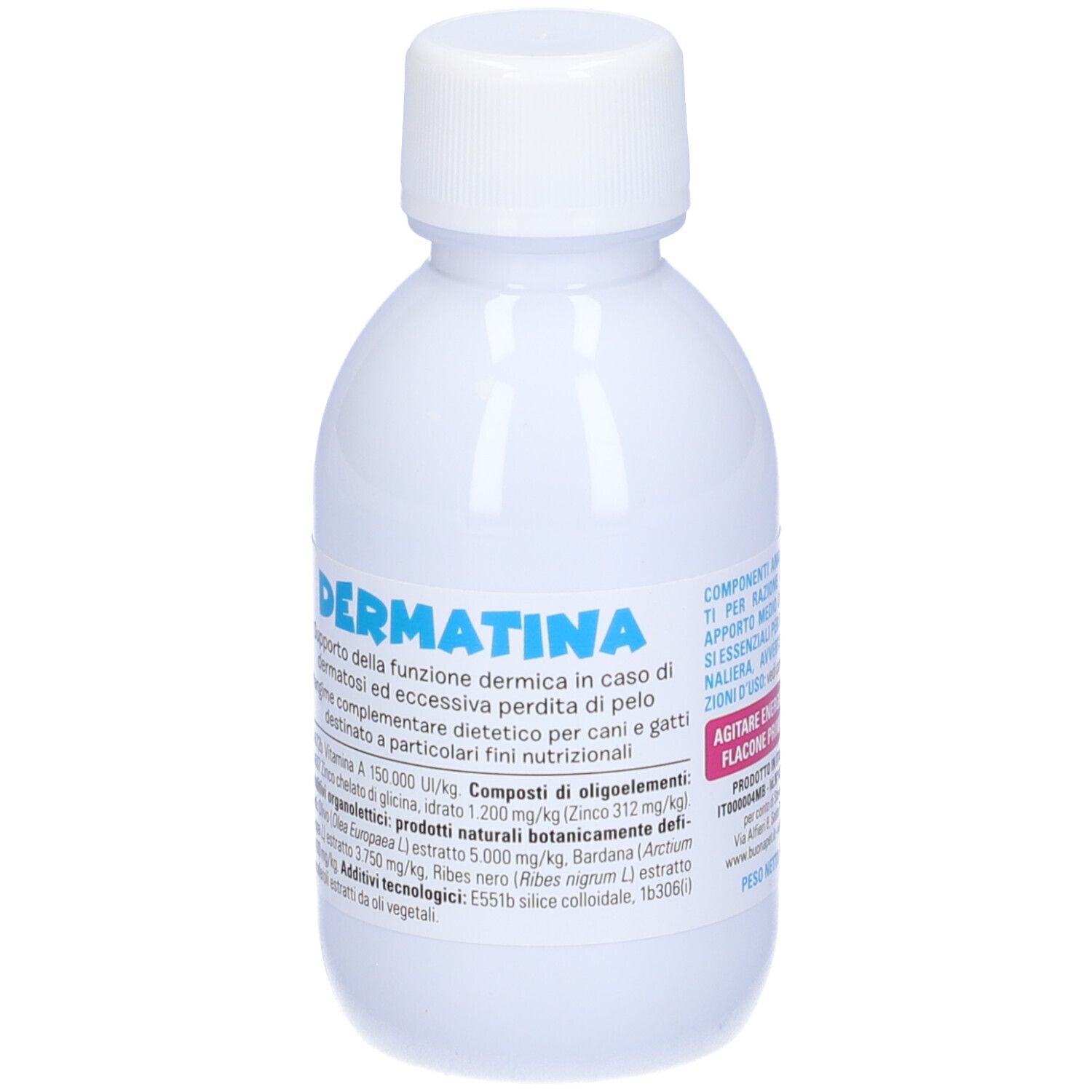Bottiglia bianca con tappo bianco. Adesivo con nome prodotto Dermatina e testo.