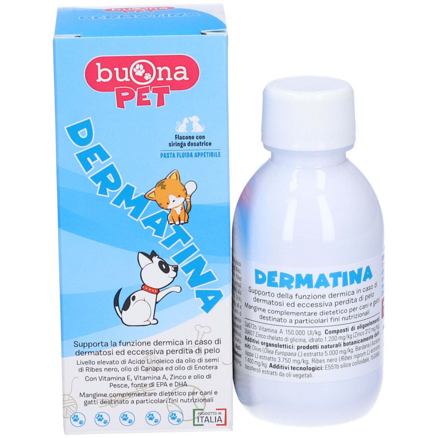 Bottiglia bianca con tappo bianco e confezione. Adesivo con nome prodotto Dermatina e testo.