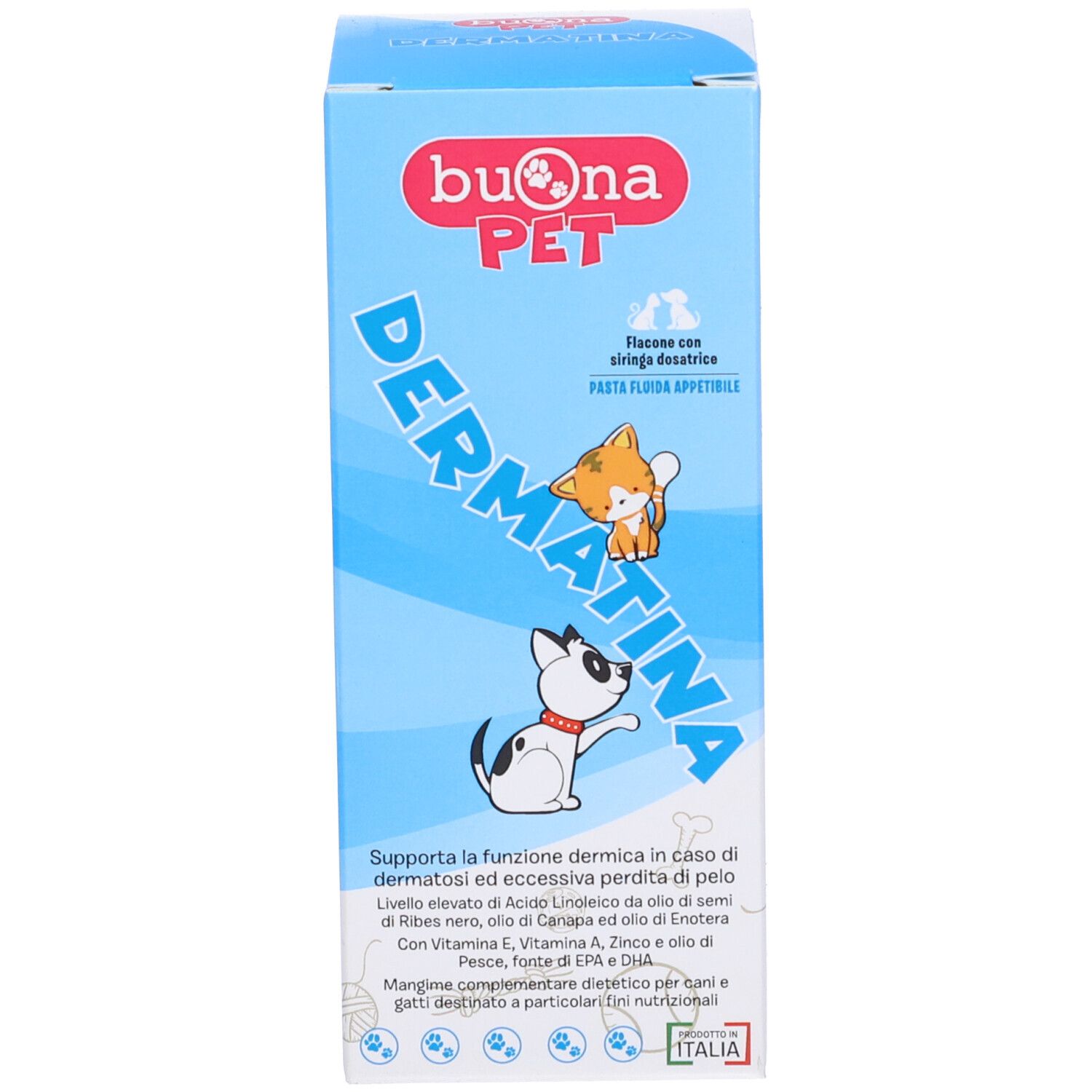 Confezione blu e bianca con nome prodotto Dermatina e logo. Immagine di cane e gatto.