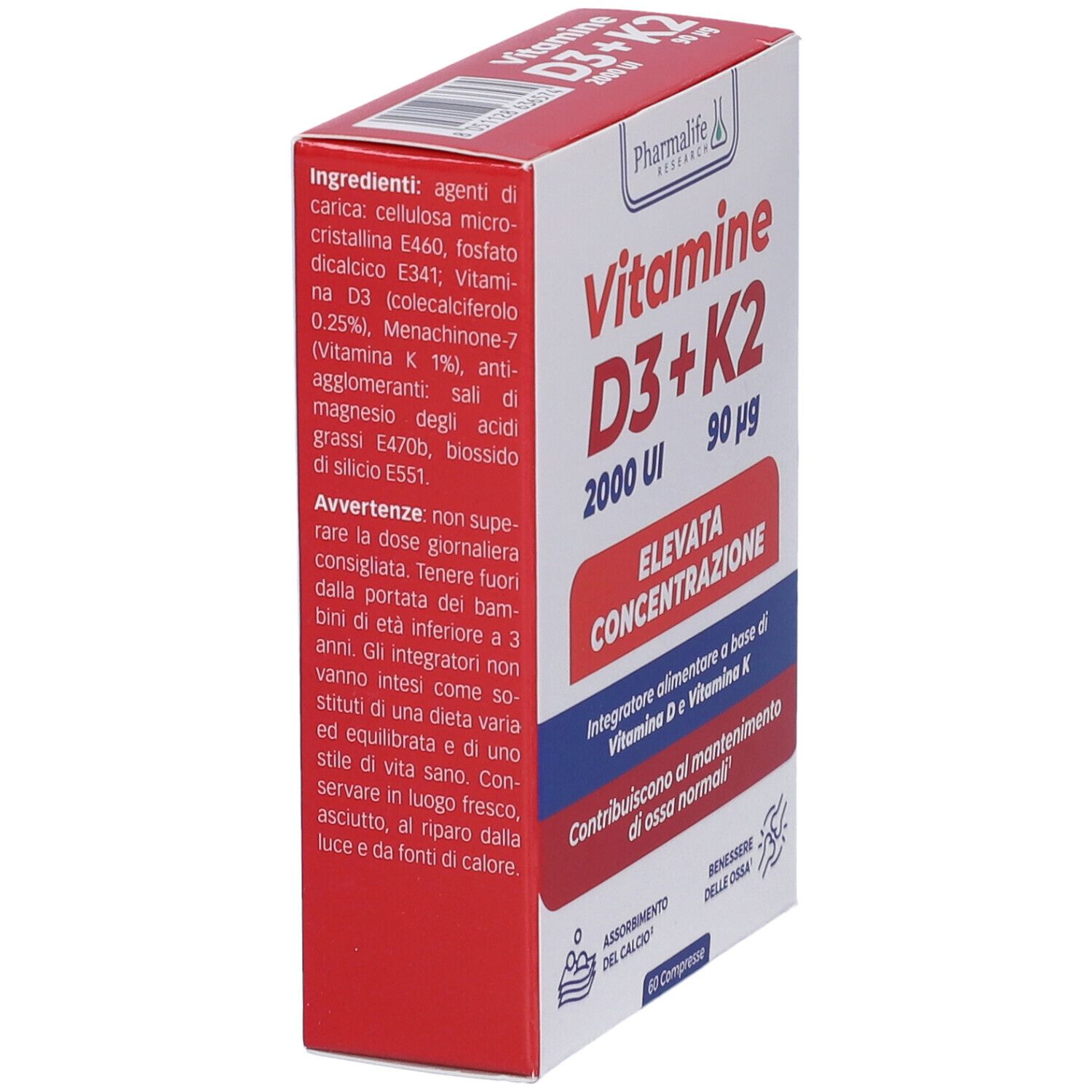 Seitenansicht der Vitamine D3+K2-Verpackung. Rote und weiße Schachtel mit Inhaltsstoffangaben und Warnhinweisen.
