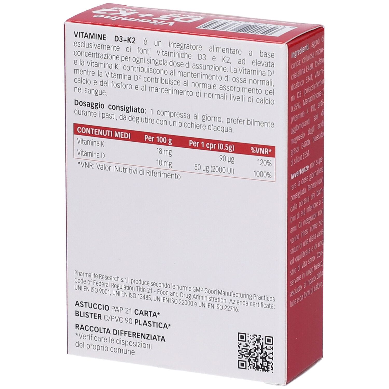 Rückseite der Vitamine D3+K2-Verpackung. Enthält Nährwertangaben und Herstellerinformationen.
