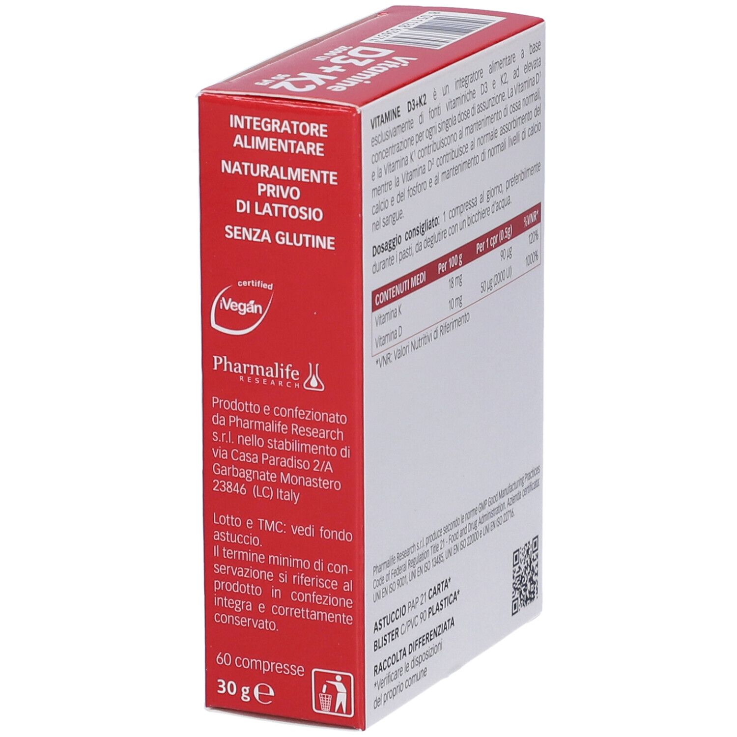Seitenansicht der Vitamine D3+K2-Verpackung. Enthält Informationen über Inhaltsstoffe und Hersteller.