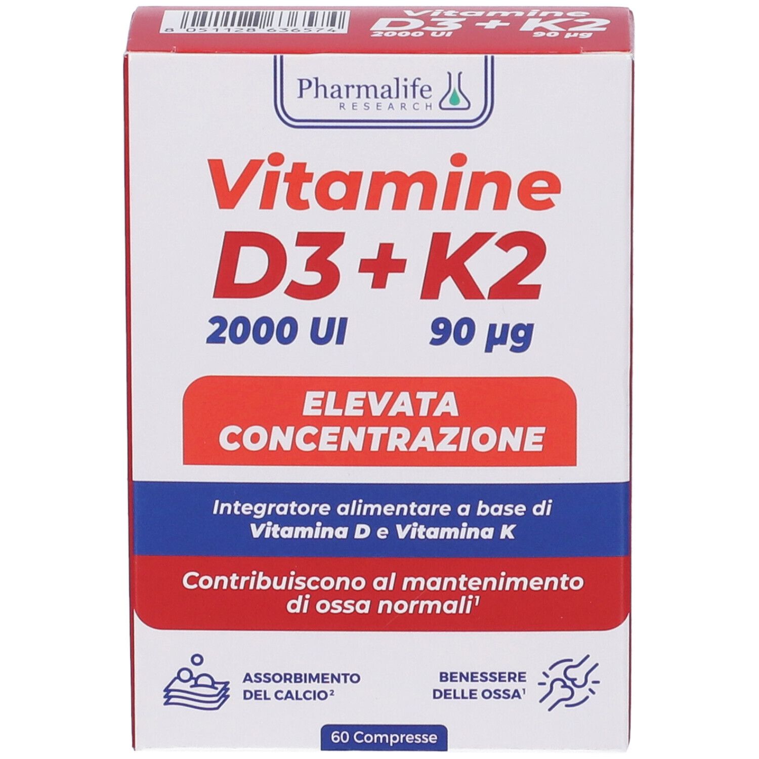 Vorderansicht der Vitamine D3+K2-Verpackung. Rote und weiße Schachtel mit Produktnamen und Angaben.