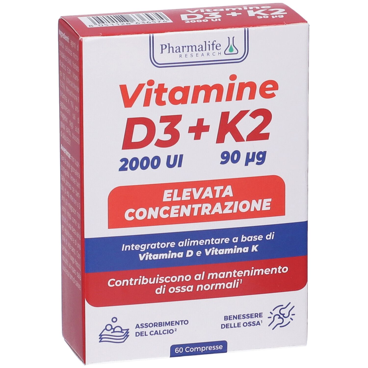 Vorderansicht der Vitamine D3+K2-Verpackung. Rote und weiße Schachtel mit Produktnamen und Angaben.