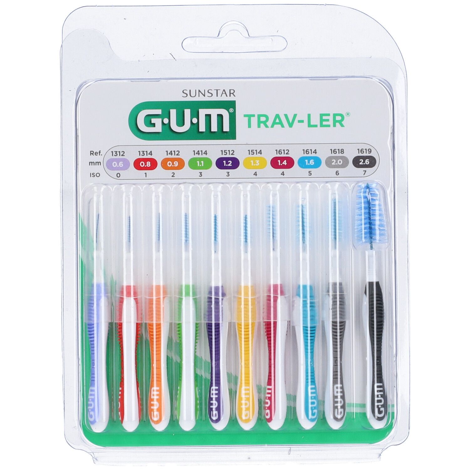 Confezione blister di scovolini. Diversi colori e dimensioni. Logo GUM Trav-Ler, Sunstar.