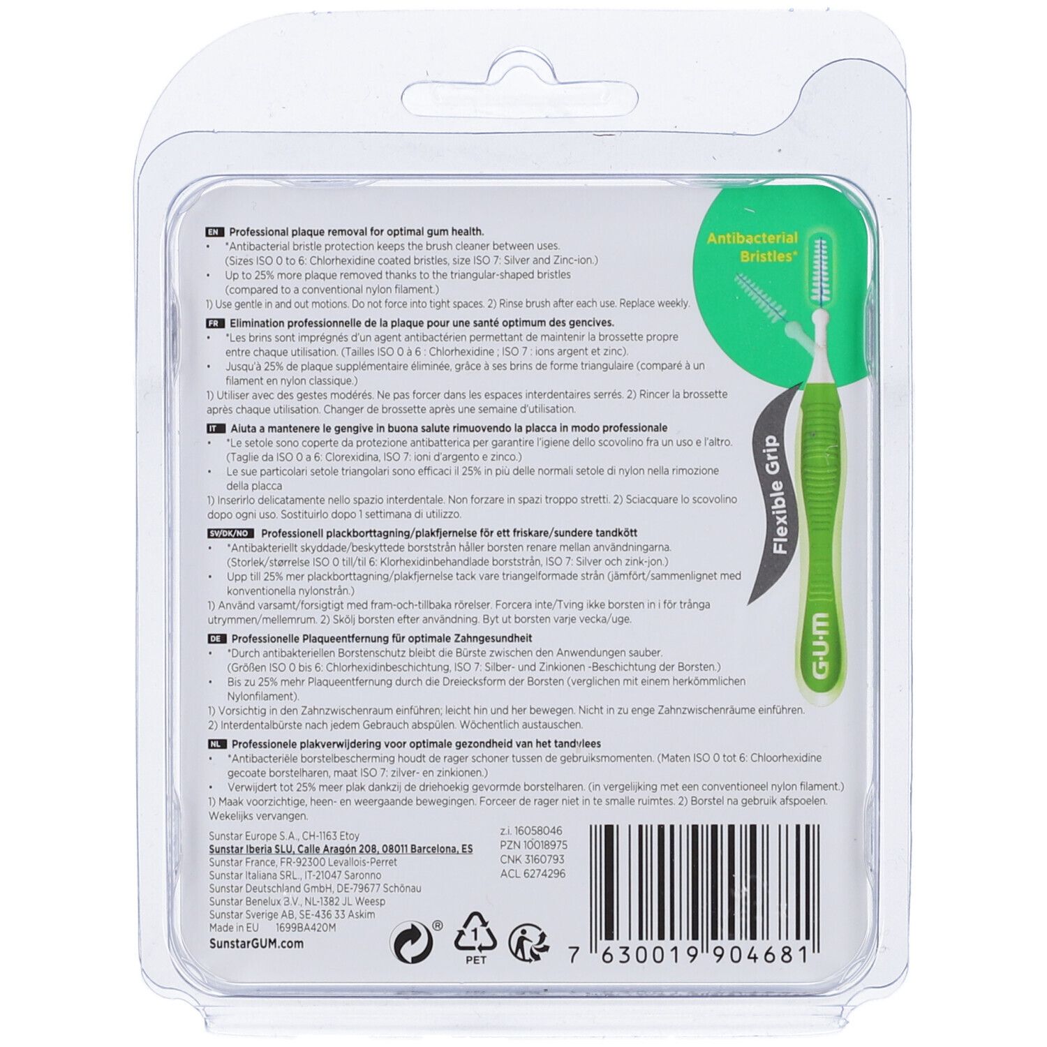 Retro confezione blister con informazioni prodotto e logo GUM. Funzione impugnatura flessibile.