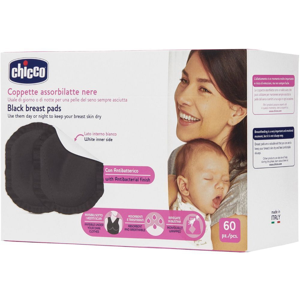 Confezione di coppette assorbilatte nere Chicco. Donna con bambino. 60 pezzi.