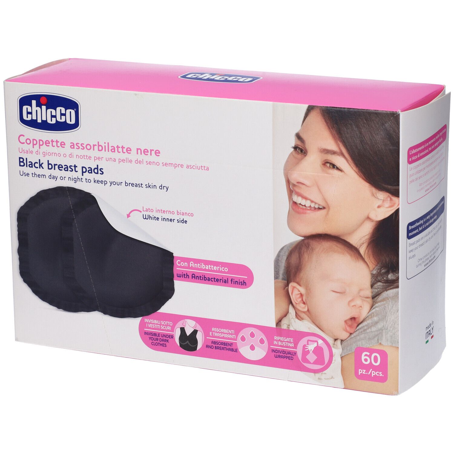 Confezione di coppette assorbilatte nere Chicco. Donna con bambino. 60 pezzi.