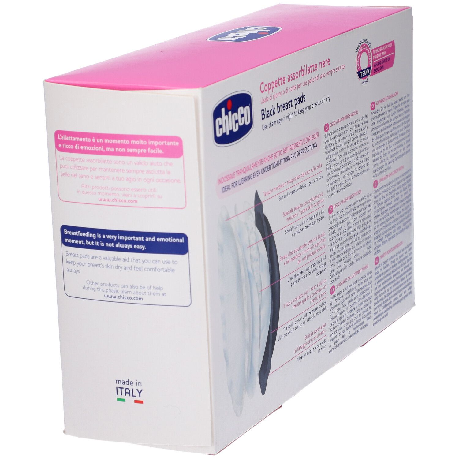 Confezione di coppette assorbilatte nere Chicco. Testo e illustrazioni. Prodotto in Italia.