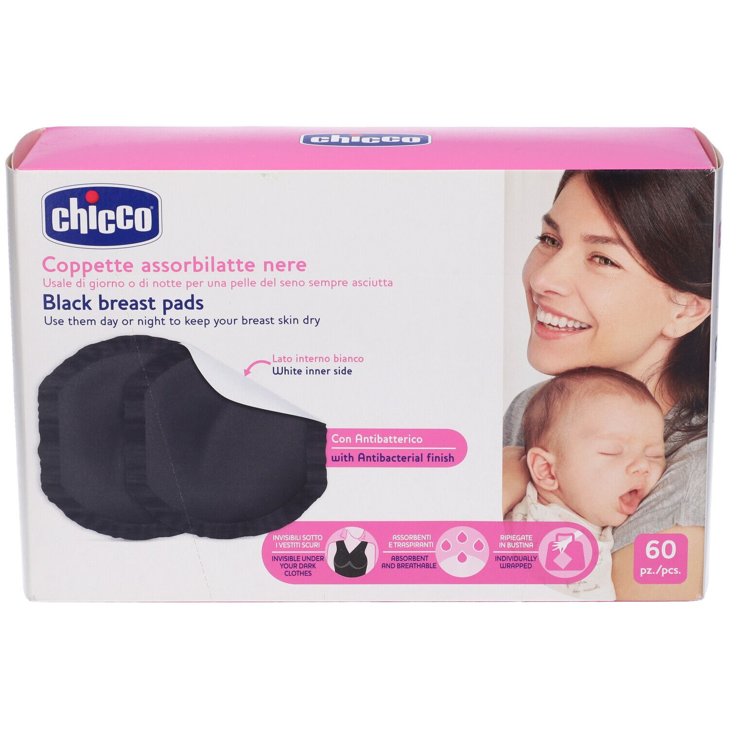 Confezione di coppette assorbilatte nere Chicco. Donna con bambino. 60 pezzi.