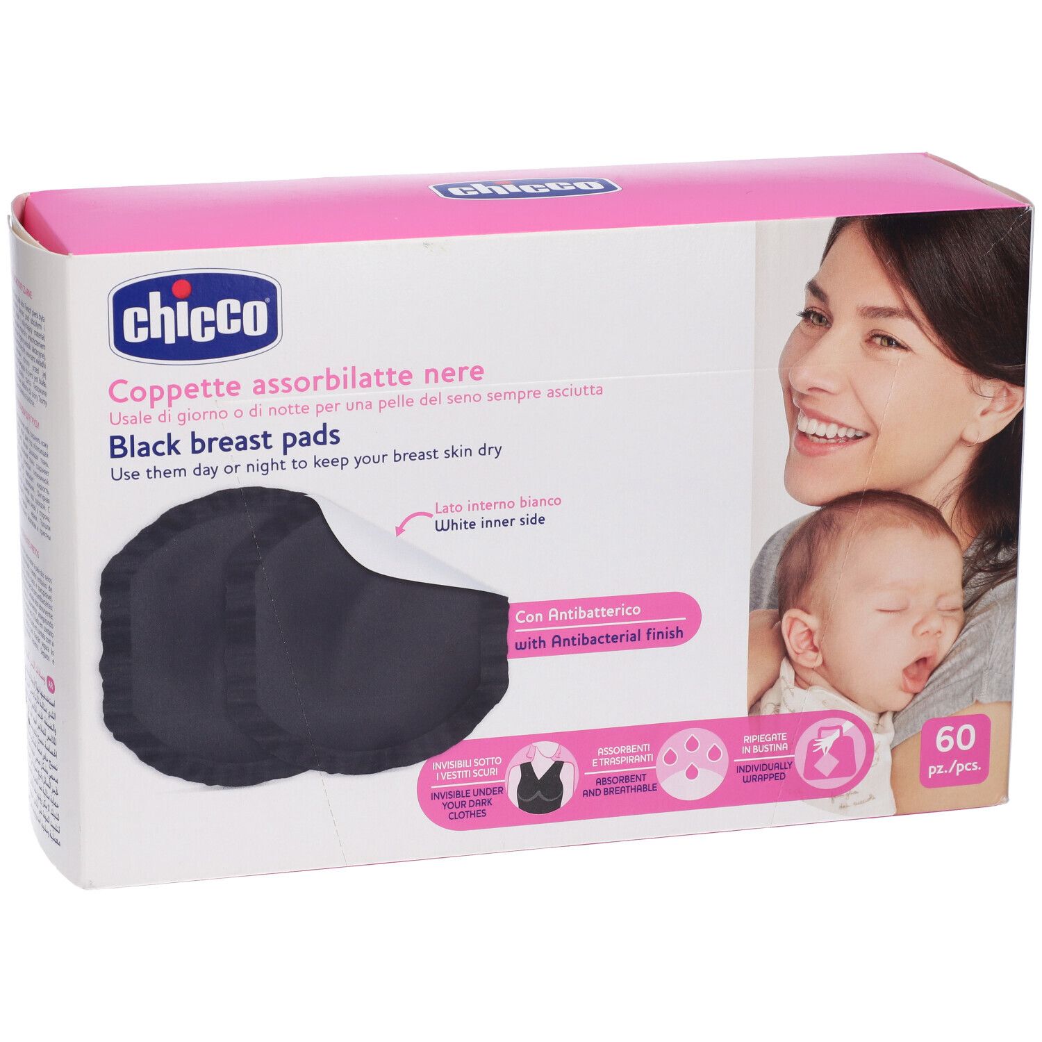 Confezione di coppette assorbilatte nere Chicco. Donna con bambino. 60 pezzi.