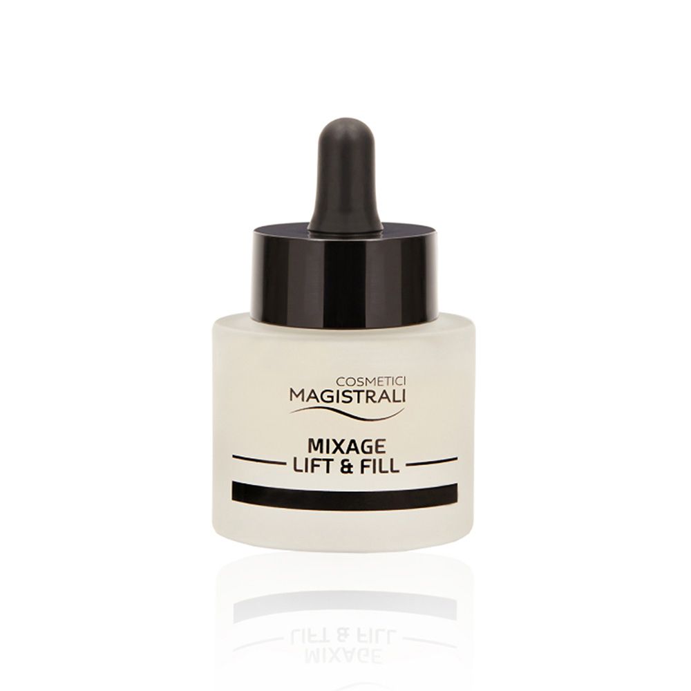 Flacone con tappo nero e contagocce. Scritta: Cosmetici Magistrali, Mixage Lift & Fill.