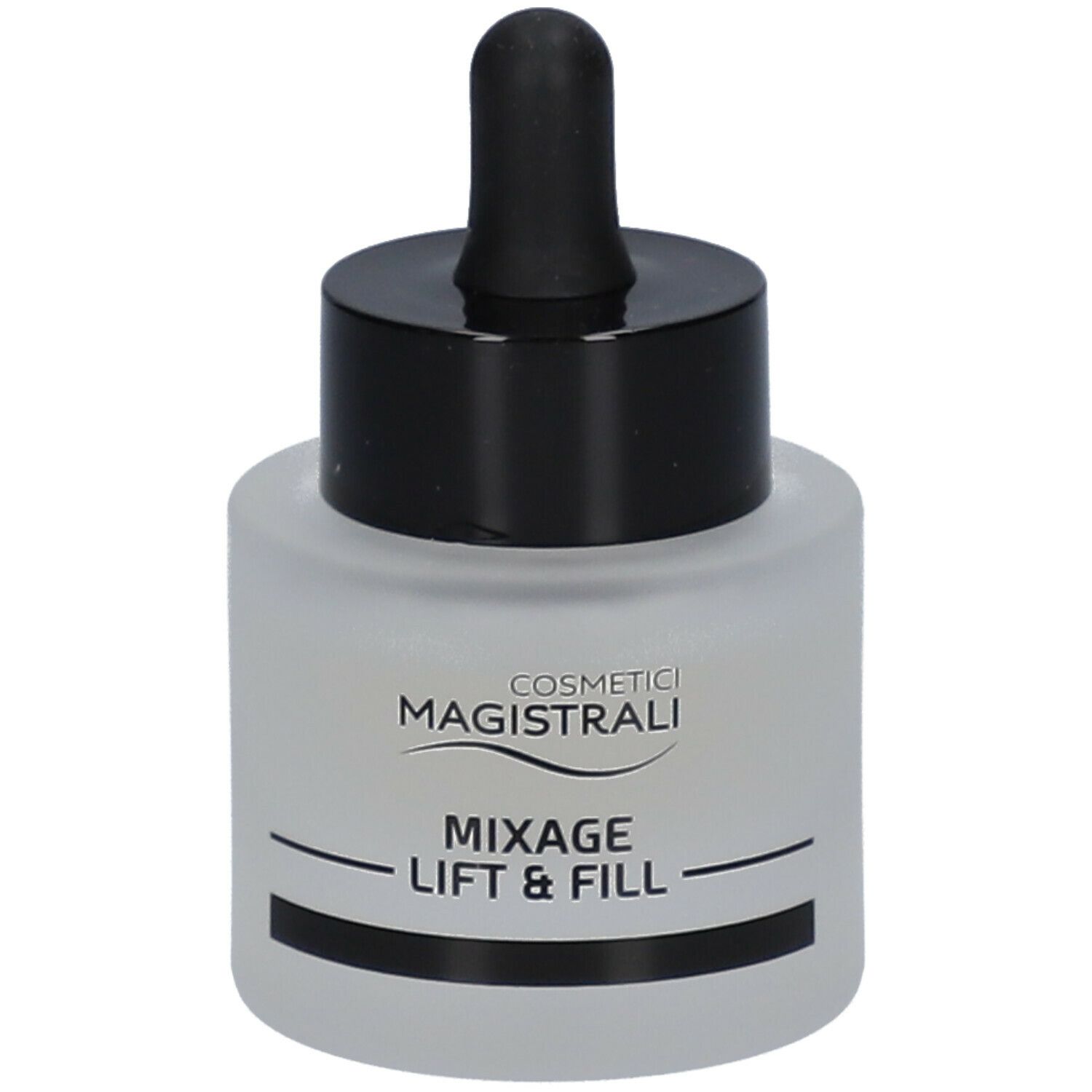 Flacone con tappo nero e contagocce. Scritta: Cosmetici Magistrali, Mixage Lift & Fill.