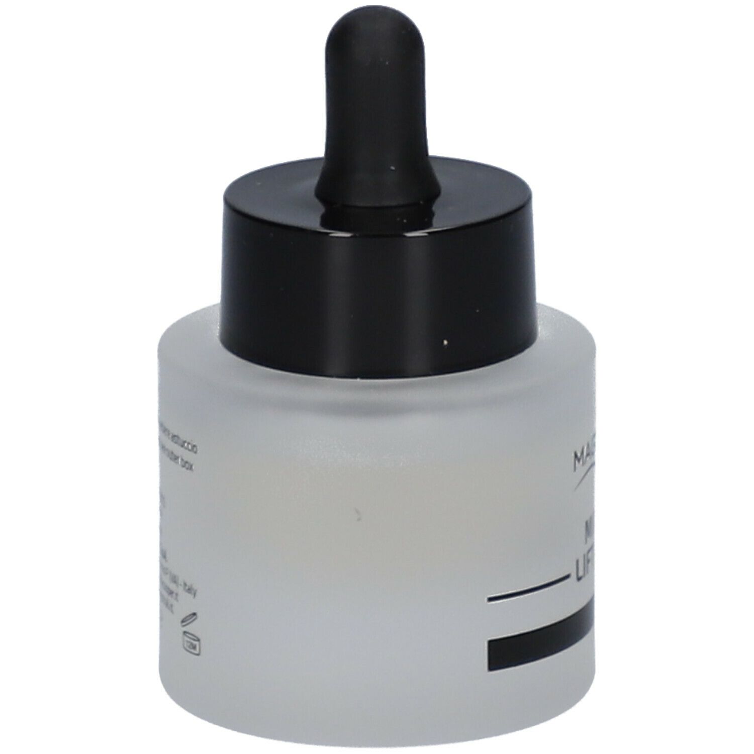 Flacone con tappo nero e contagocce. Scritta: Cosmetici Magistrali, Mixage Lift & Fill.