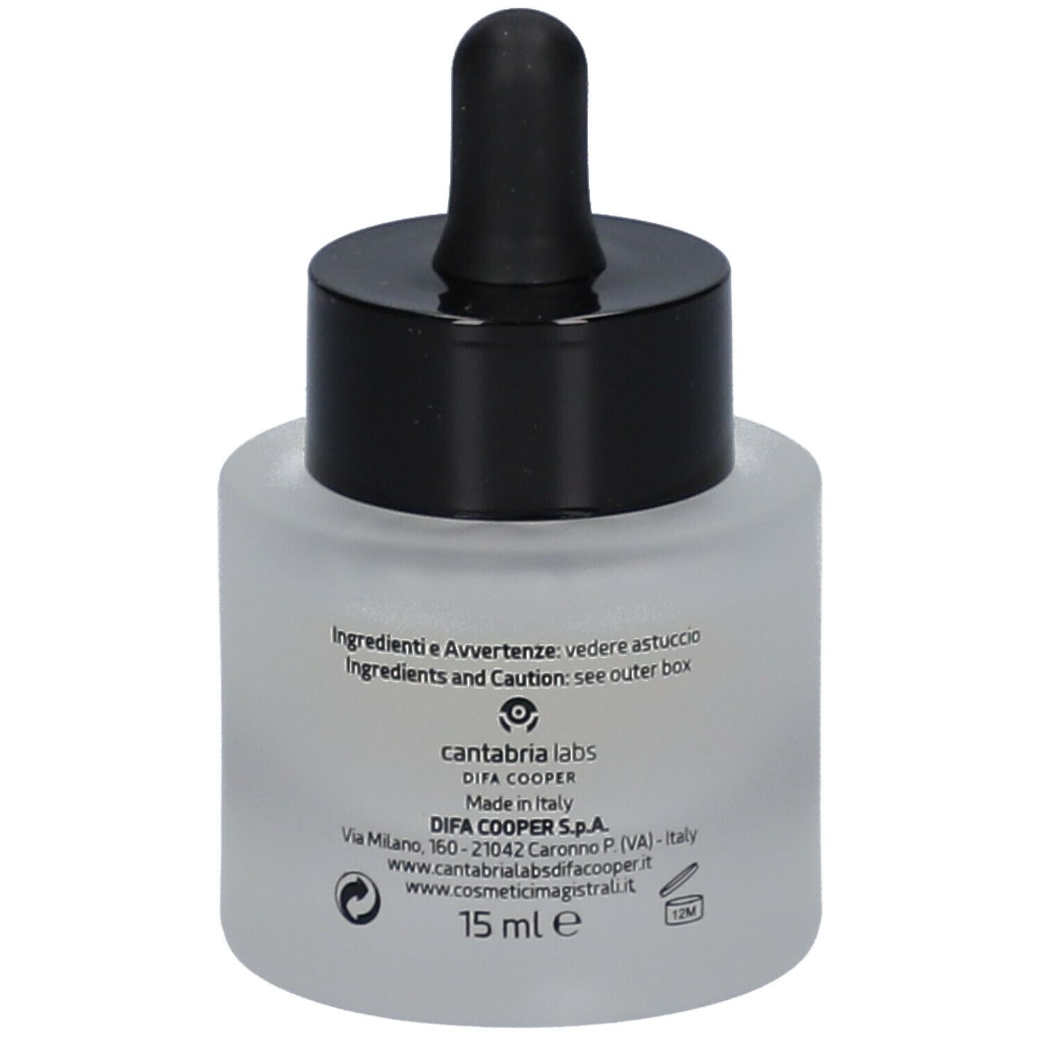 Flacone con tappo nero e contagocce. Scritta: Cosmetici Magistrali, Mixage Lift & Fill. Testo sul retro.