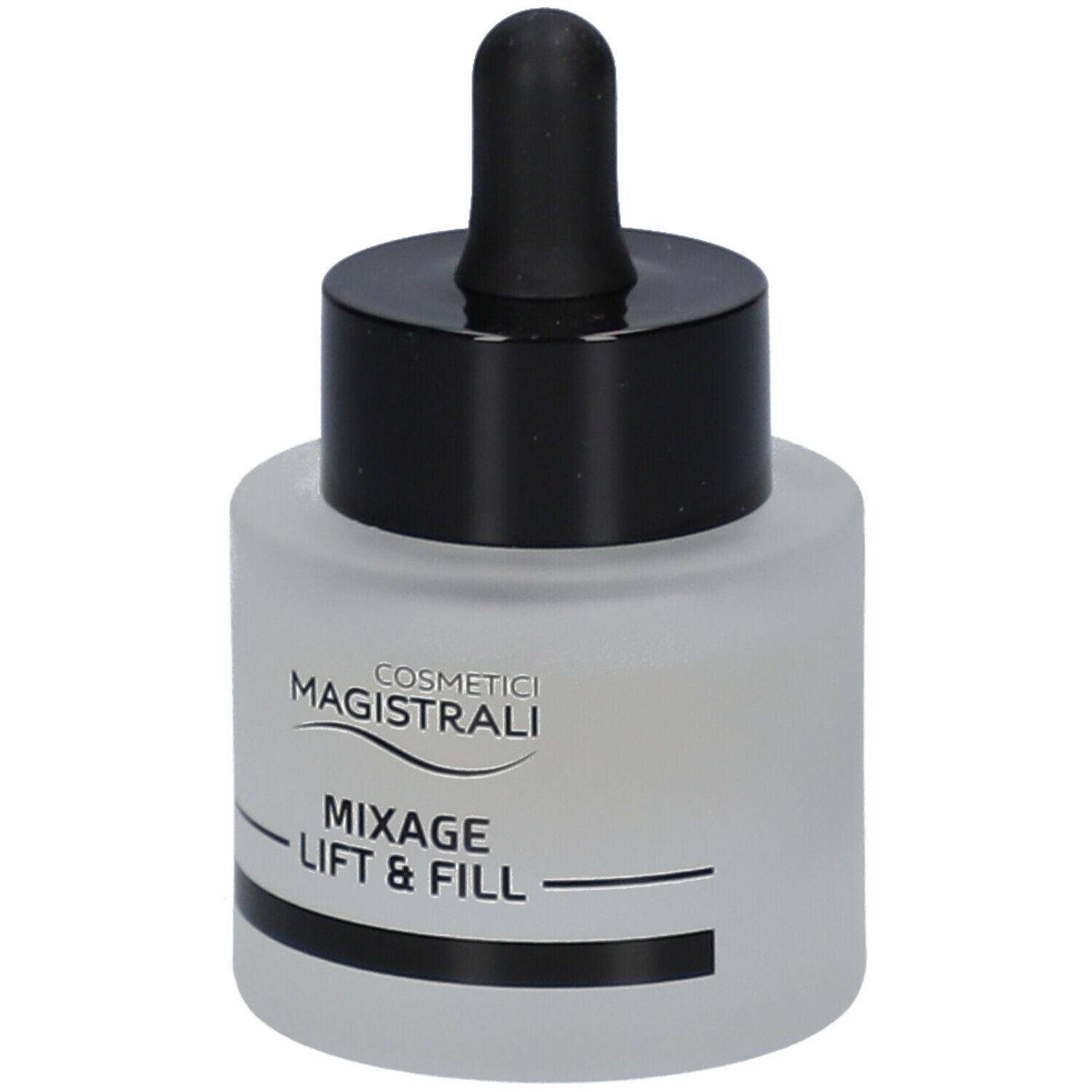Flacone con tappo nero e contagocce. Scritta: Cosmetici Magistrali, Mixage Lift & Fill.