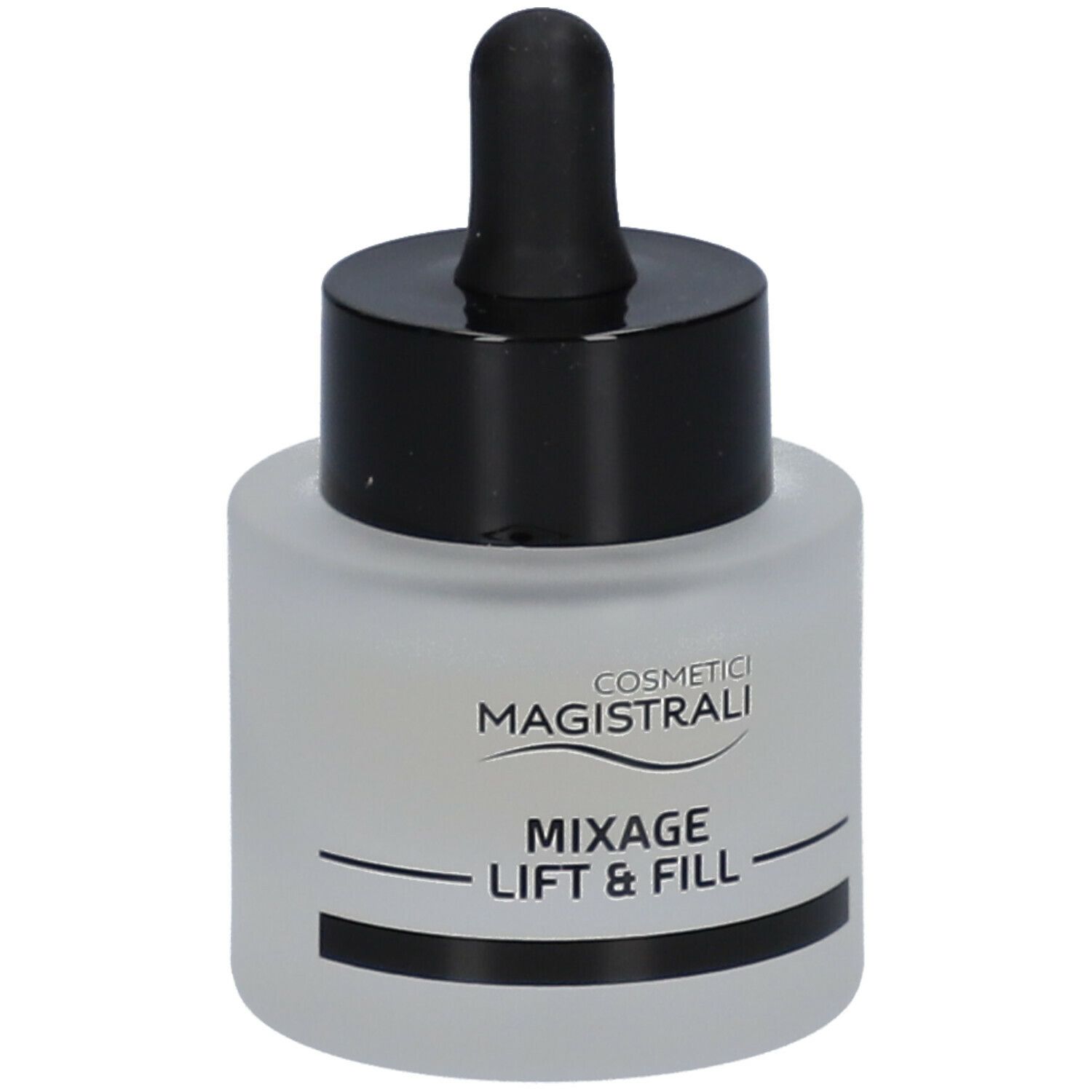 Flacone con tappo nero e contagocce. Scritta: Cosmetici Magistrali, Mixage Lift & Fill.
