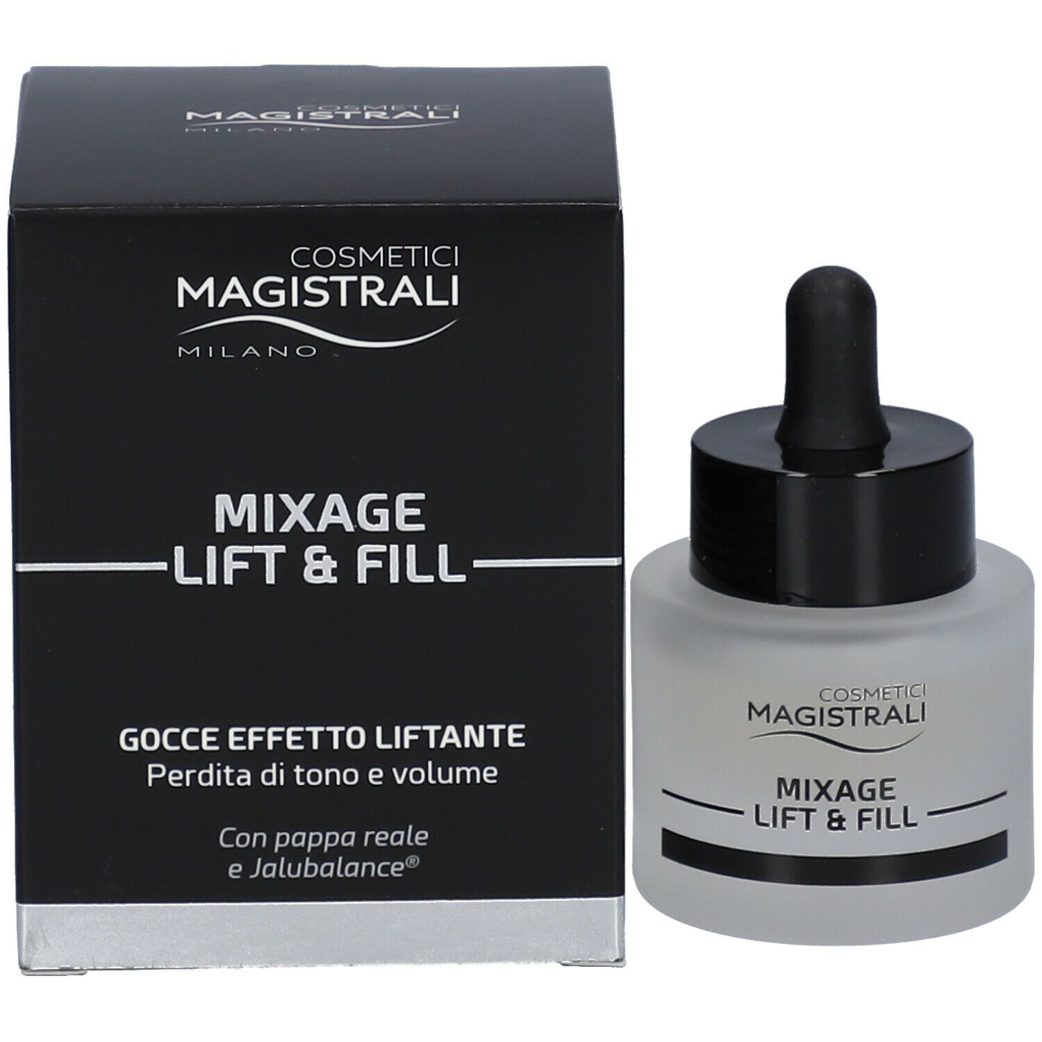 Confezione del prodotto con flacone e scatola. Scritta: Cosmetici Magistrali, Mixage Lift & Fill.