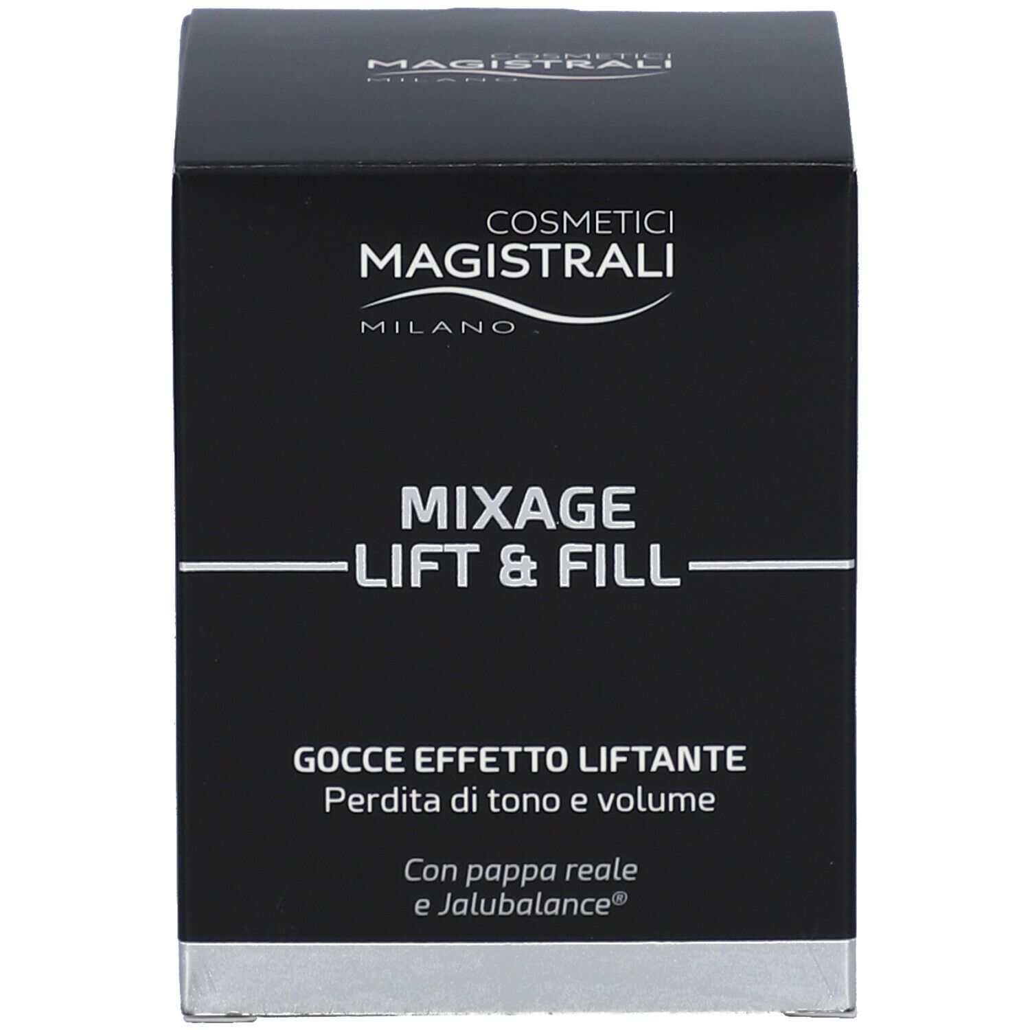 Confezione del prodotto nera. Scritta: Cosmetici Magistrali, Mixage Lift & Fill.