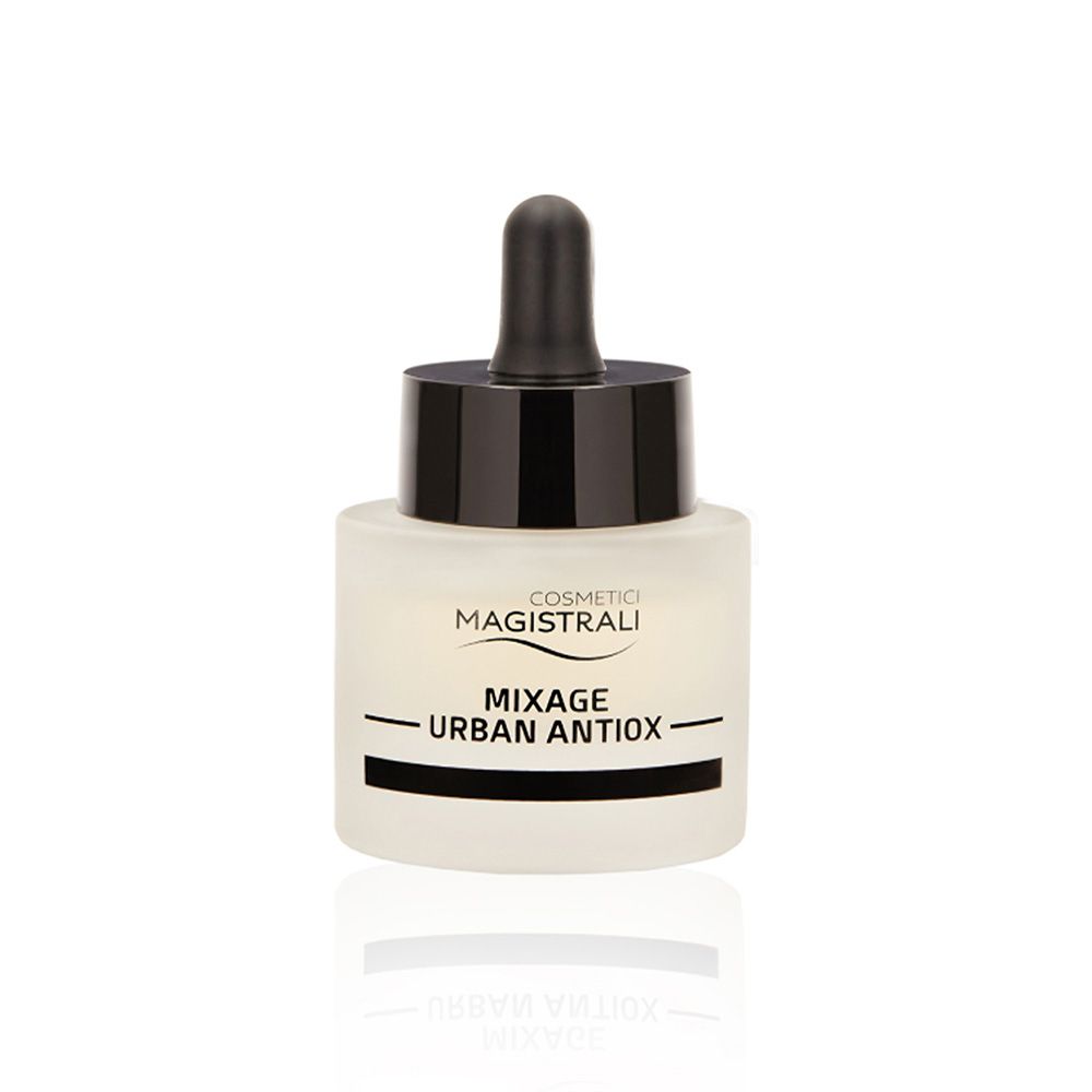 Flacone rotondo con tappo nero e contagocce. Scritta: MIXAGE URBAN ANTIOX.