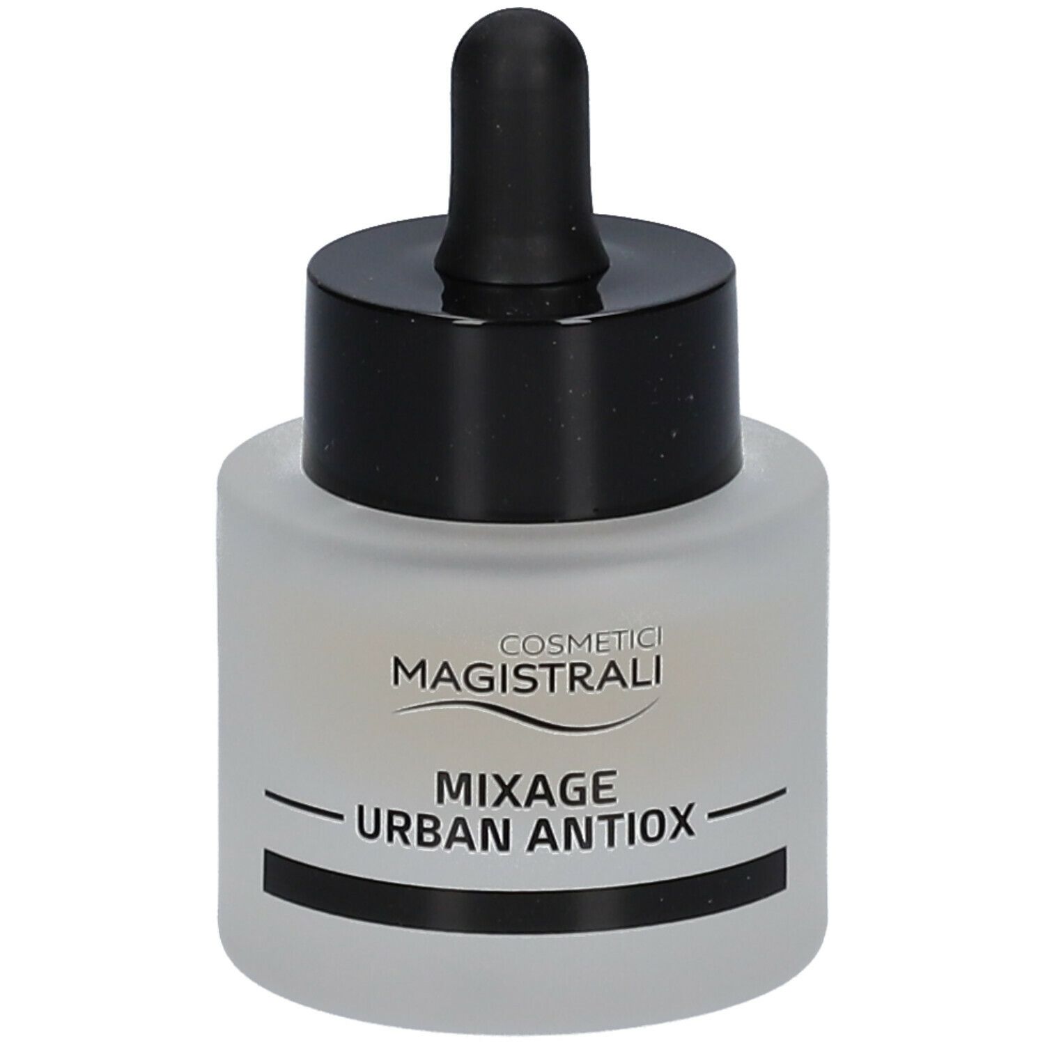 Flacone rotondo con tappo nero e contagocce. Scritta: MIXAGE URBAN ANTIOX.